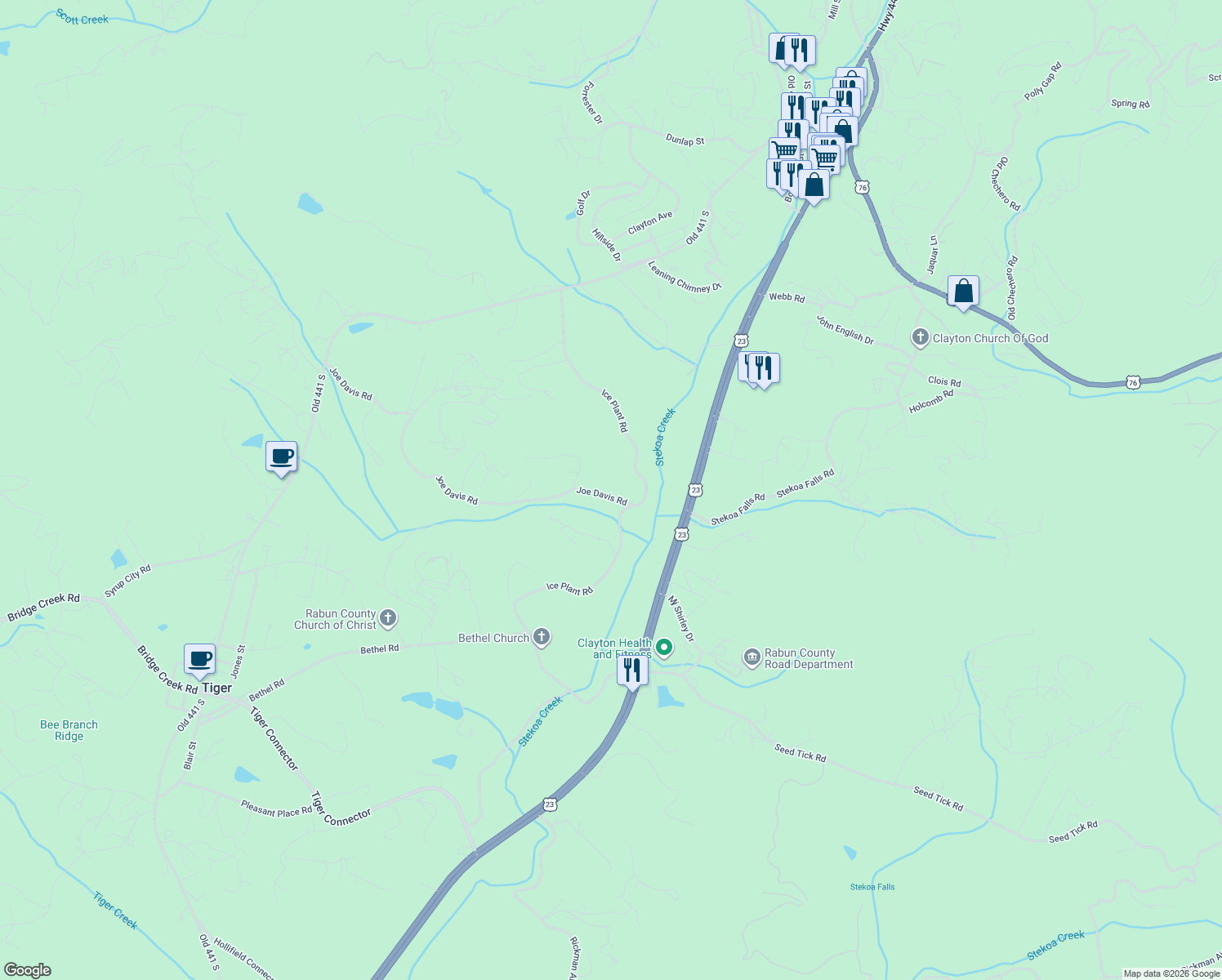 map of restaurants, bars, coffee shops, grocery stores, and more near Joe Davis Road in Tiger
