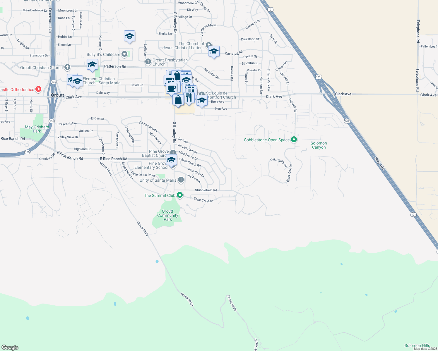 map of restaurants, bars, coffee shops, grocery stores, and more near 1337 Mira Flores Drive in Santa Maria