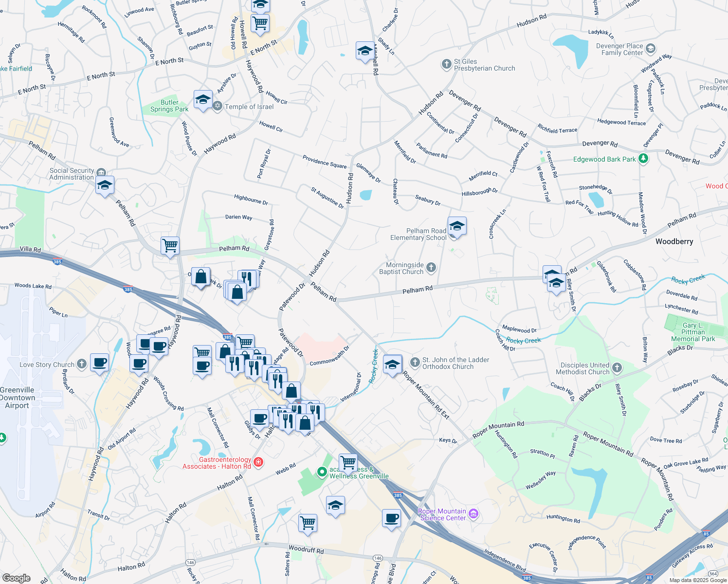 map of restaurants, bars, coffee shops, grocery stores, and more near 915 Pelham Road in Greenville