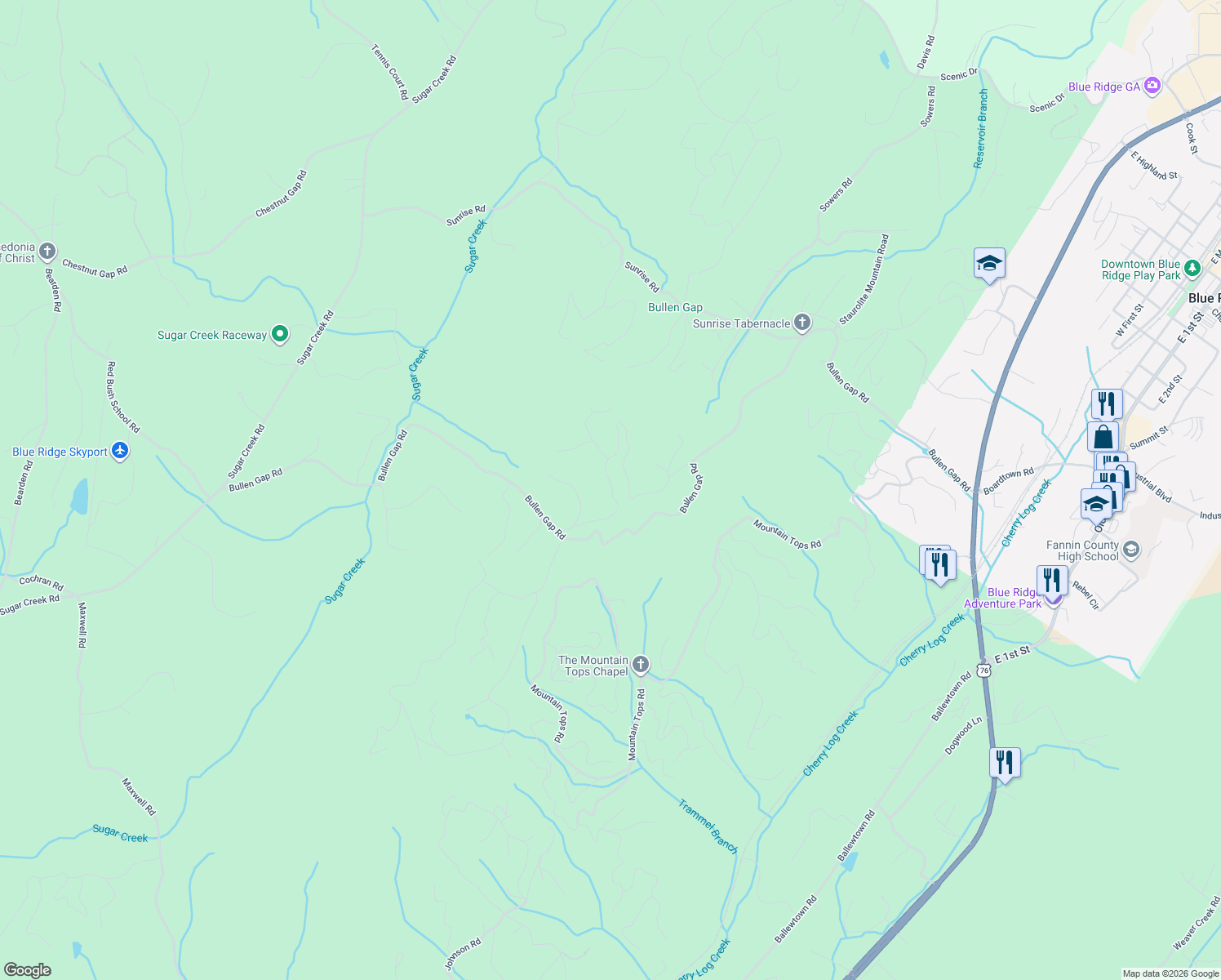 map of restaurants, bars, coffee shops, grocery stores, and more near 120-320 Foxfire Rd in Blue Ridge
