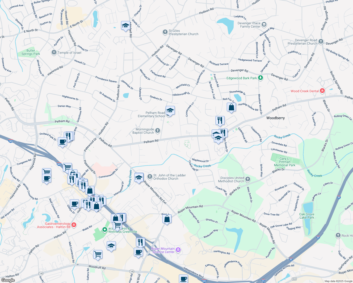 map of restaurants, bars, coffee shops, grocery stores, and more near 1235 Shadow Way in Greenville