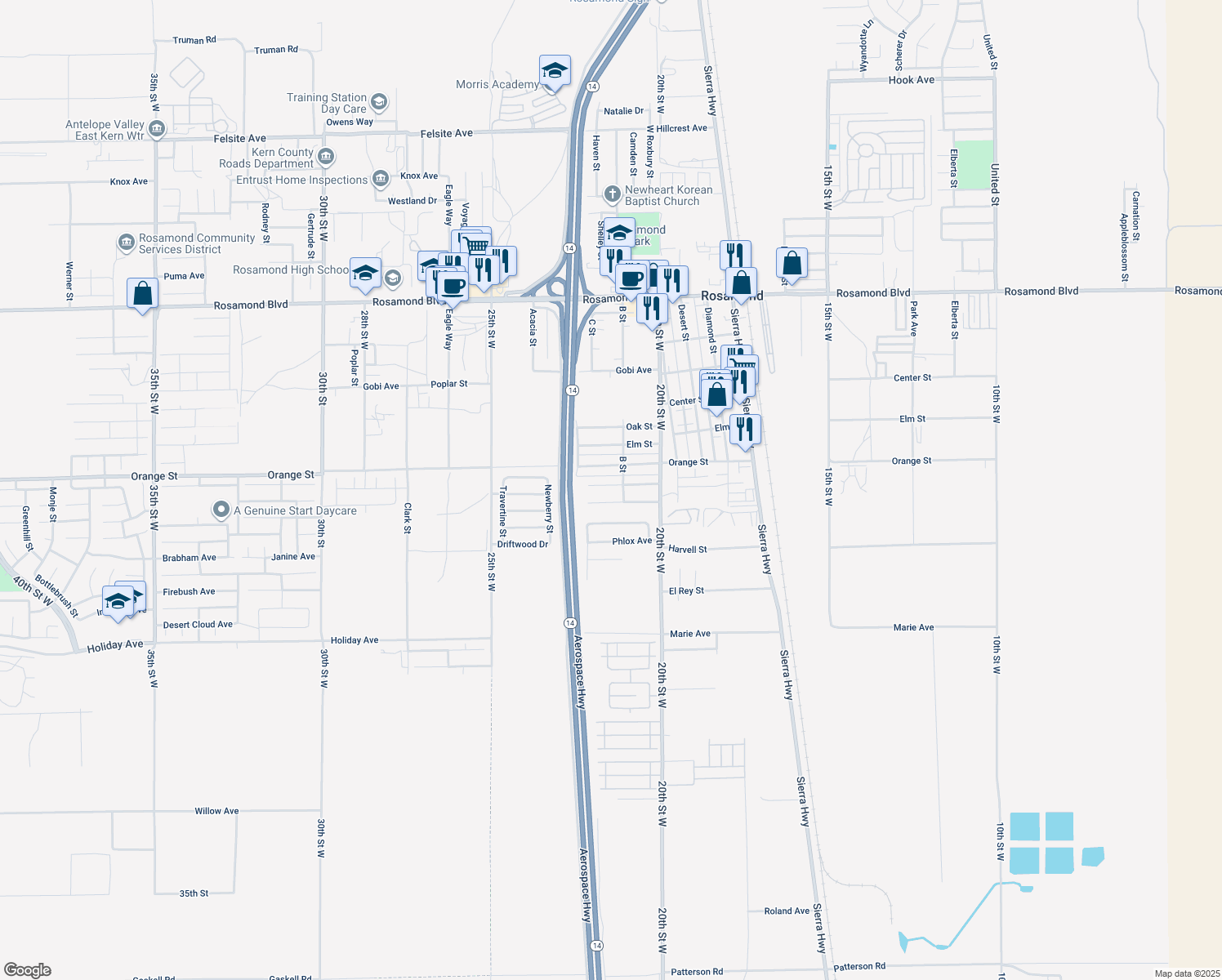 map of restaurants, bars, coffee shops, grocery stores, and more near 2130 Matthew Avenue in Rosamond