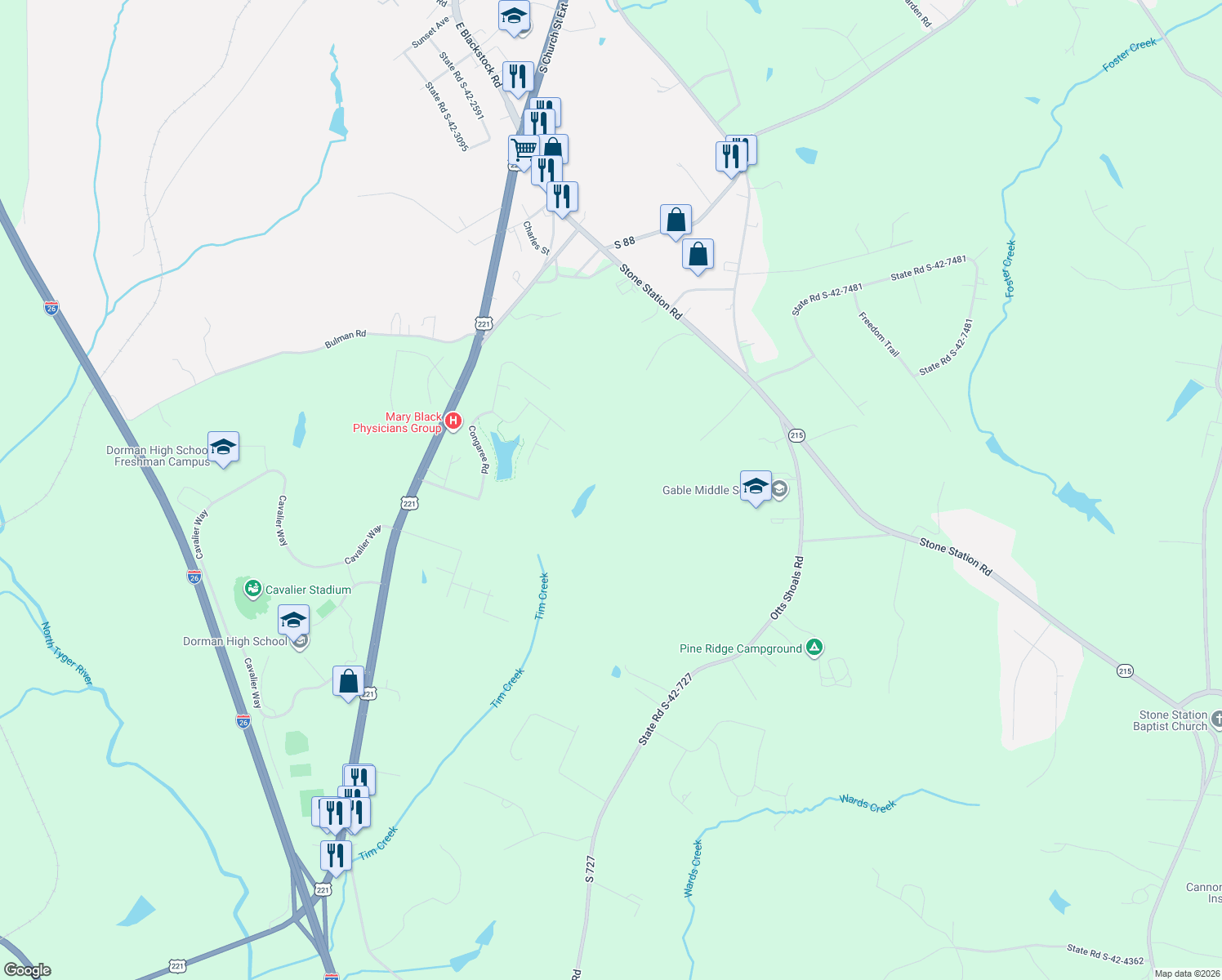 map of restaurants, bars, coffee shops, grocery stores, and more near 116 Tugaloo Court in Roebuck