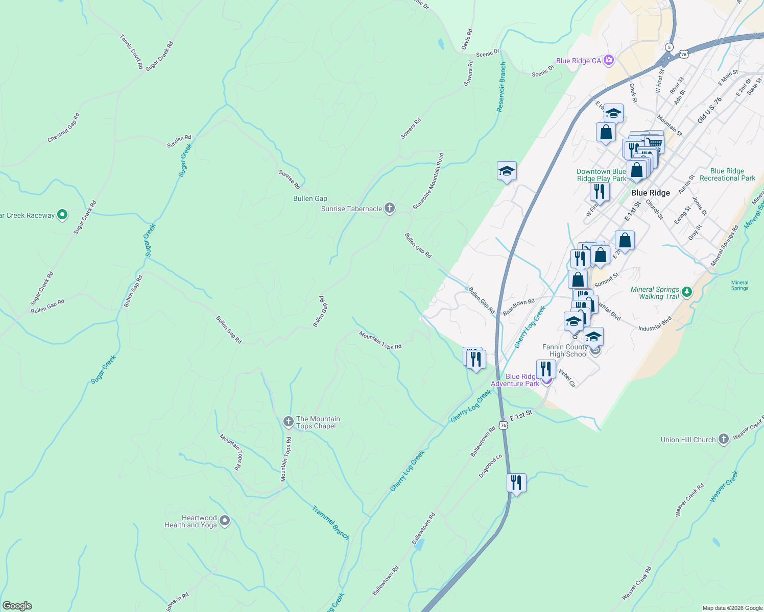 map of restaurants, bars, coffee shops, grocery stores, and more near 1207 Bullen Gap Road in Blue Ridge