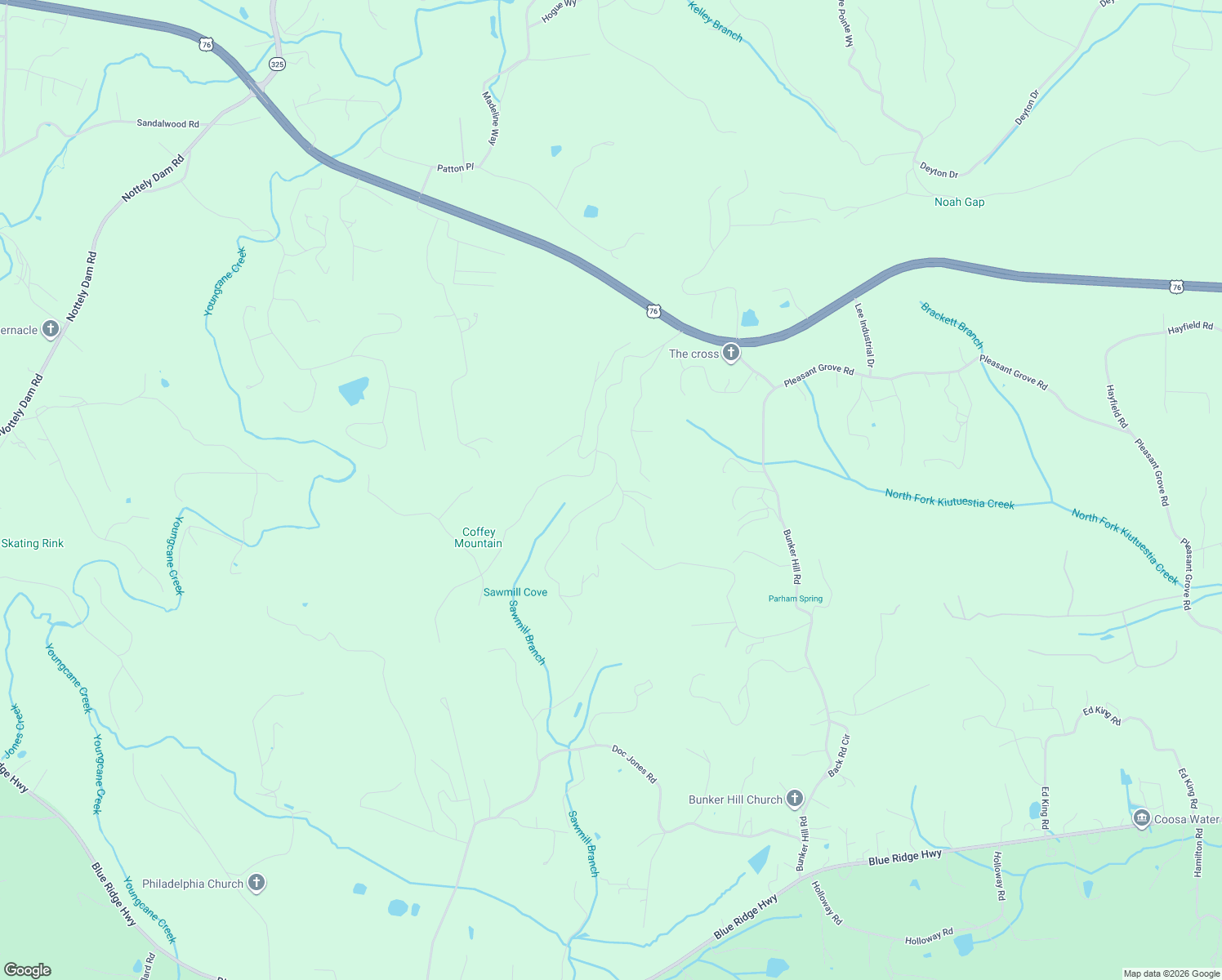 map of restaurants, bars, coffee shops, grocery stores, and more near 44 Treeline Drive in Blairsville