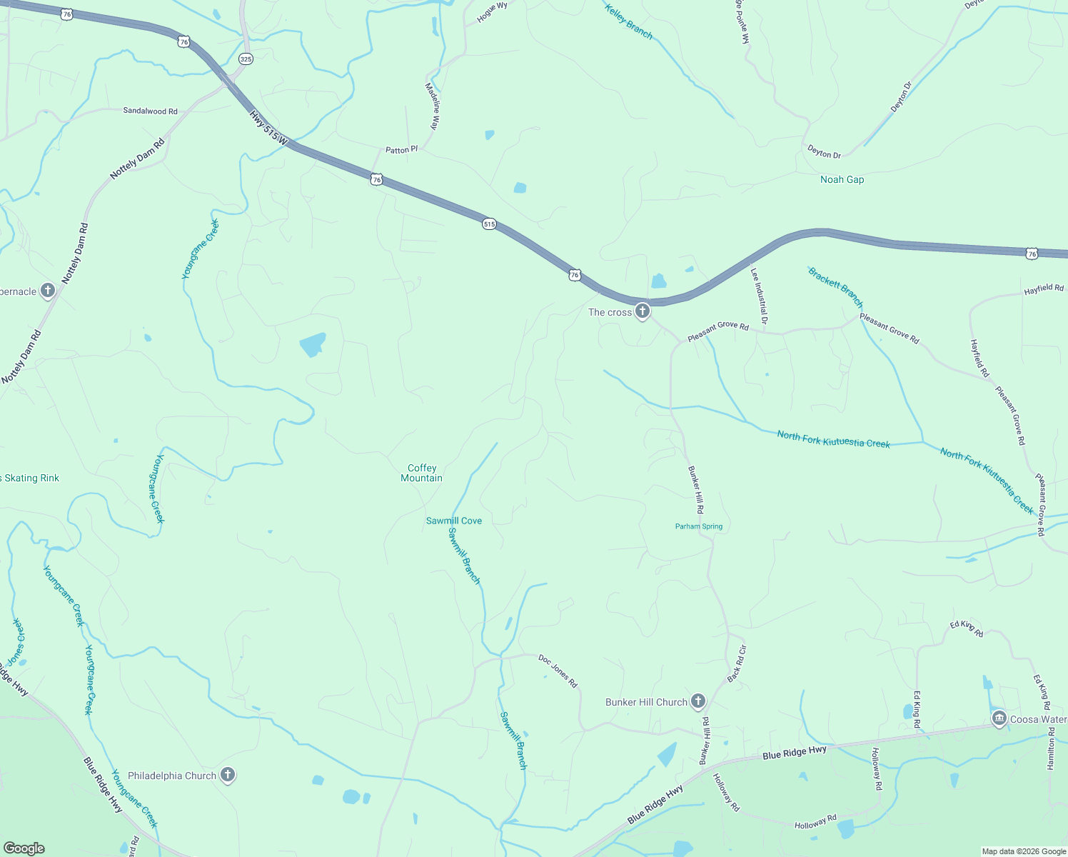 map of restaurants, bars, coffee shops, grocery stores, and more near 44 Treeline Drive in Blairsville