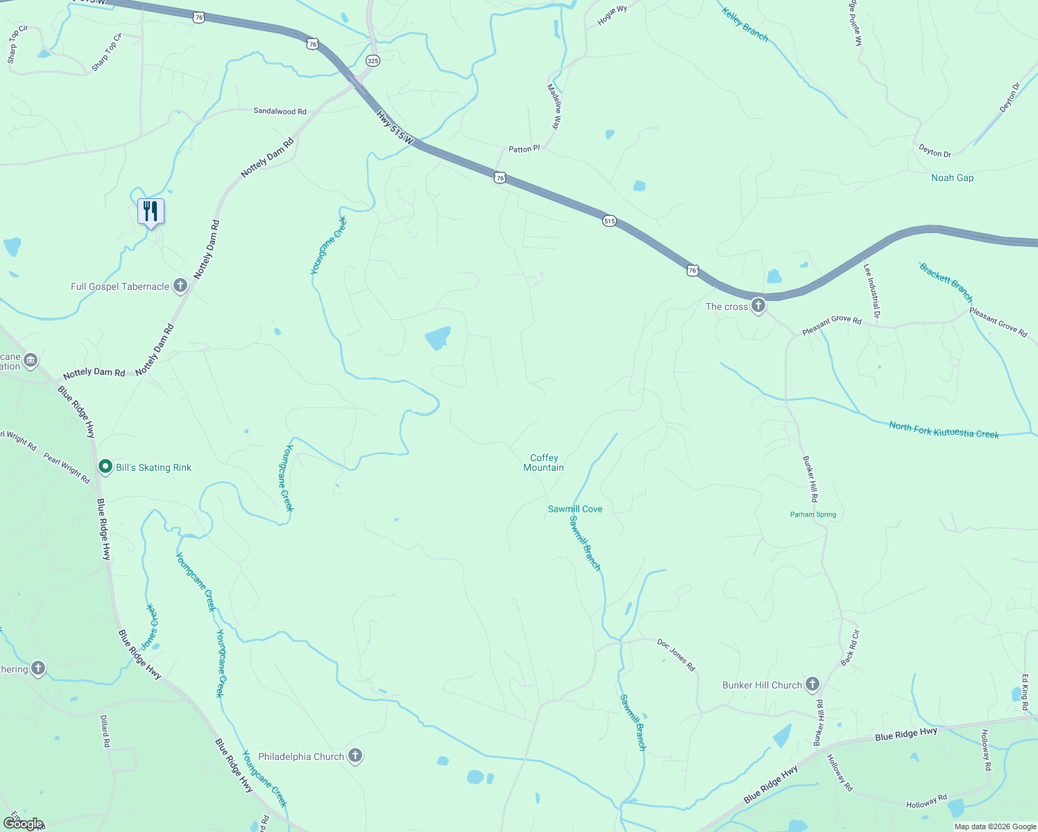 map of restaurants, bars, coffee shops, grocery stores, and more near 2-298 Old Birch Court in Blairsville