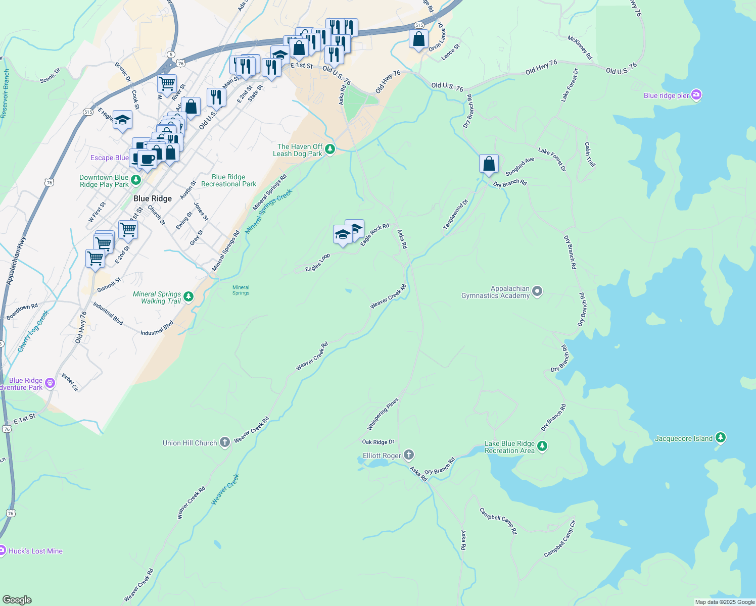 map of restaurants, bars, coffee shops, grocery stores, and more near 552 Weaver Creek Road in Blue Ridge