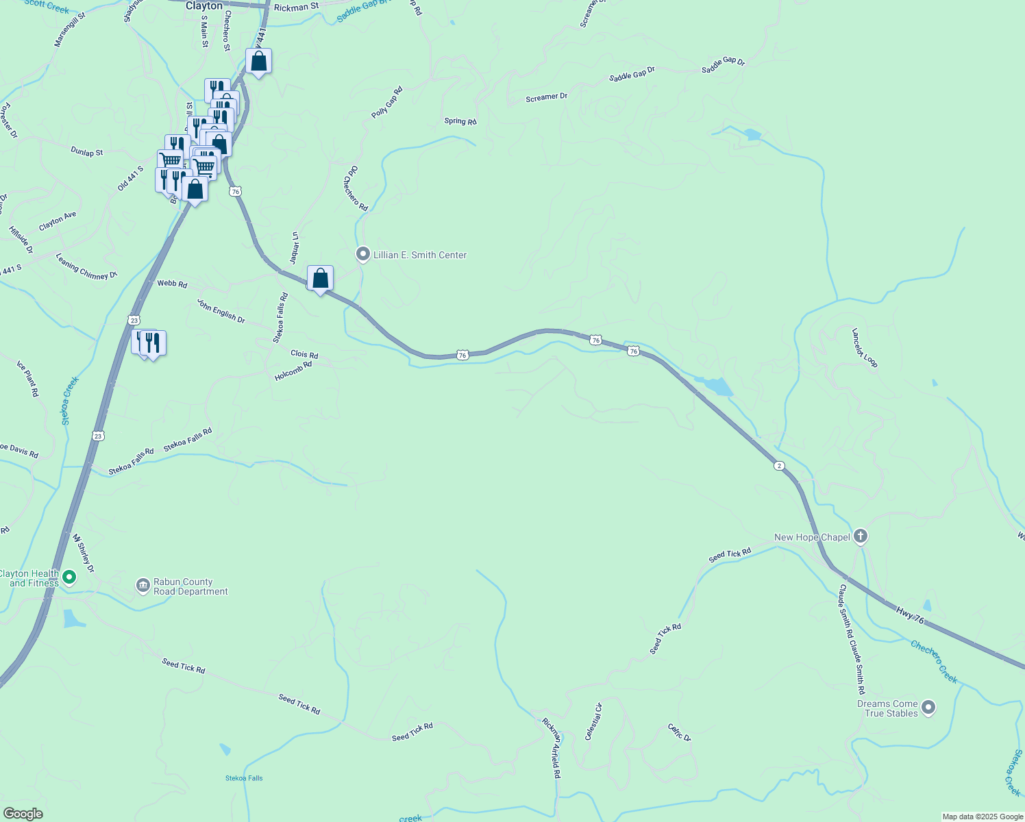 map of restaurants, bars, coffee shops, grocery stores, and more near in Clayton