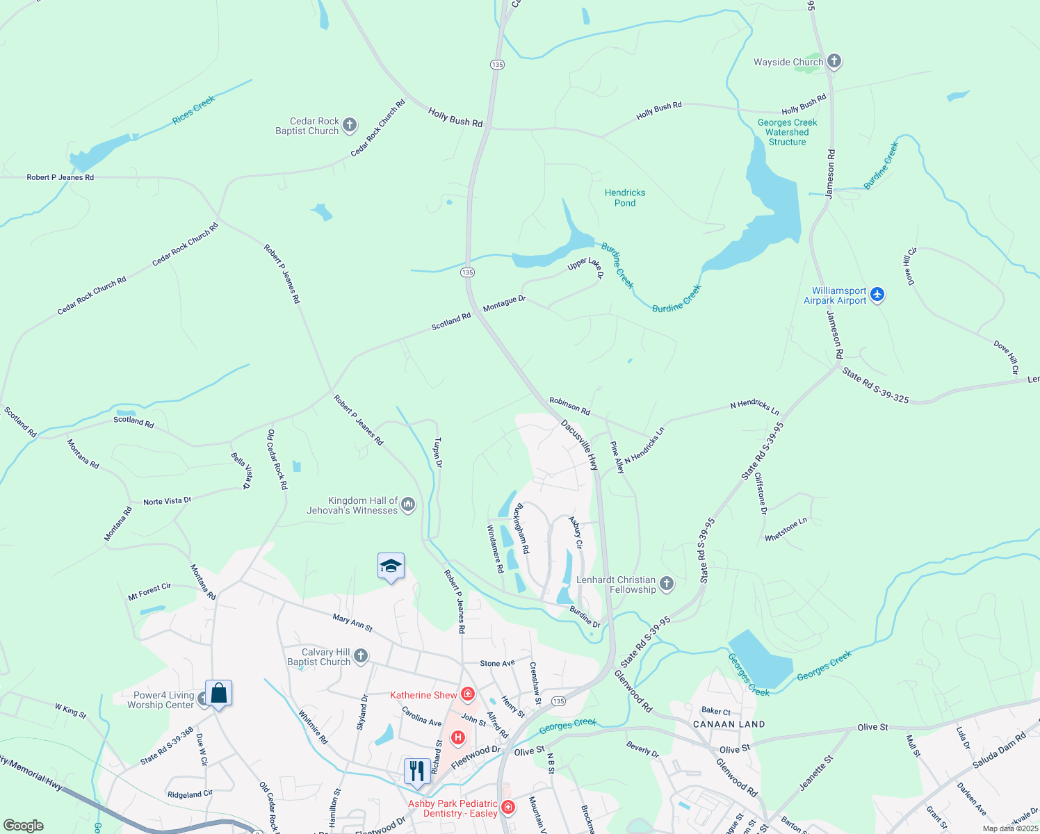 map of restaurants, bars, coffee shops, grocery stores, and more near 138 Prince George Road in Easley