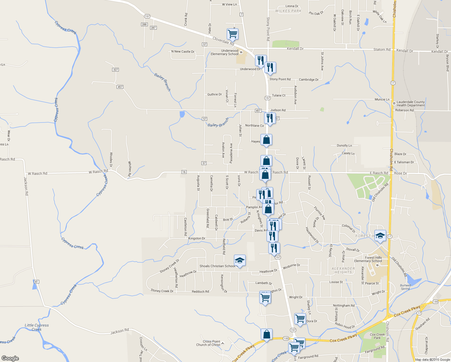 map of restaurants, bars, coffee shops, grocery stores, and more near 103 South Scott Drive in Florence