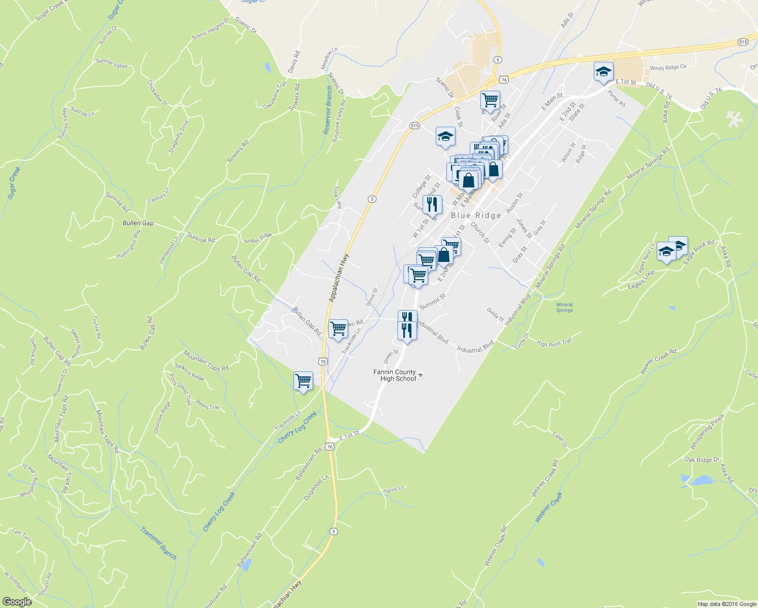 map of restaurants, bars, coffee shops, grocery stores, and more near 147 Doxol Street in Blue Ridge