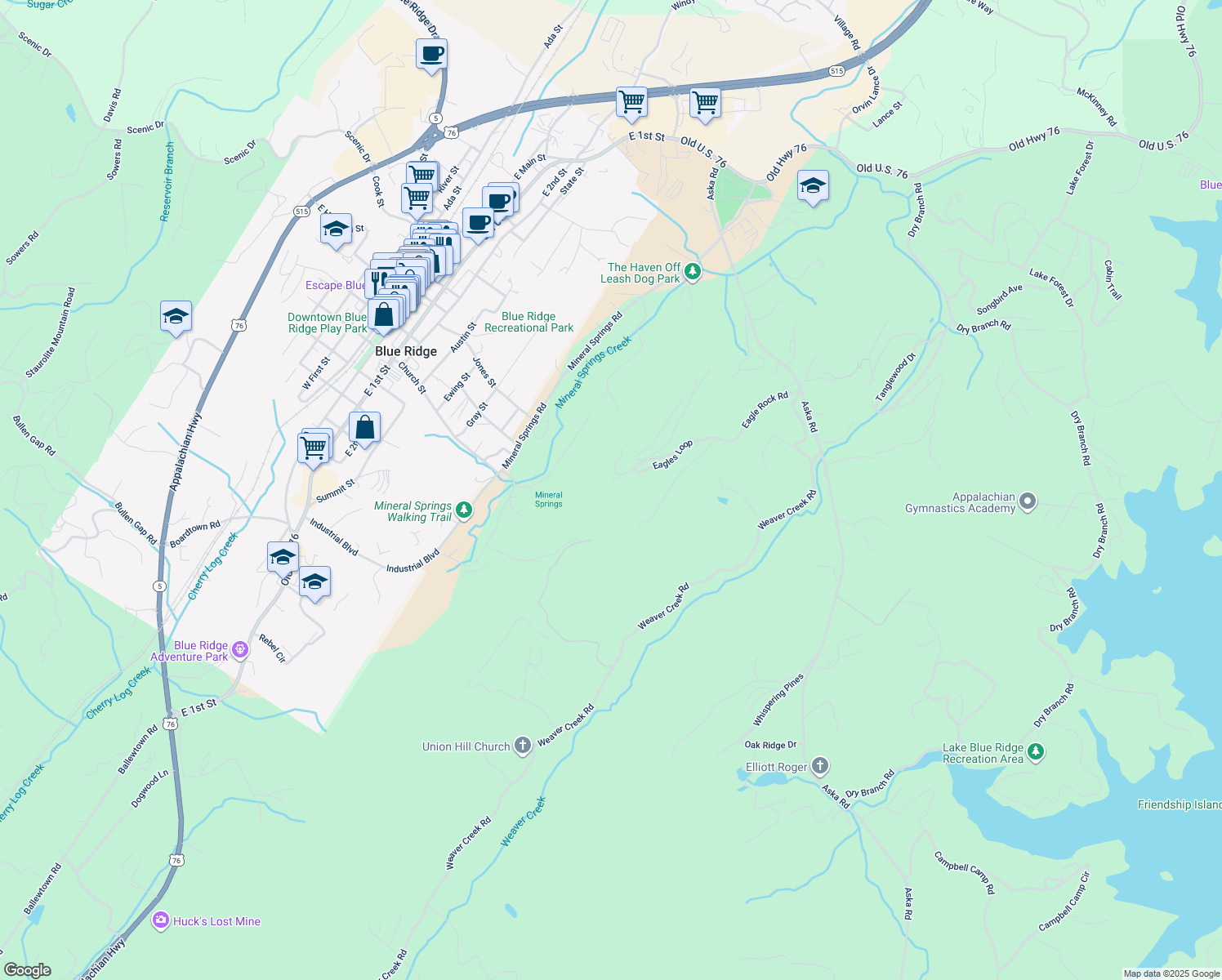 map of restaurants, bars, coffee shops, grocery stores, and more near 89 Eagles Ridge Way in Blue Ridge