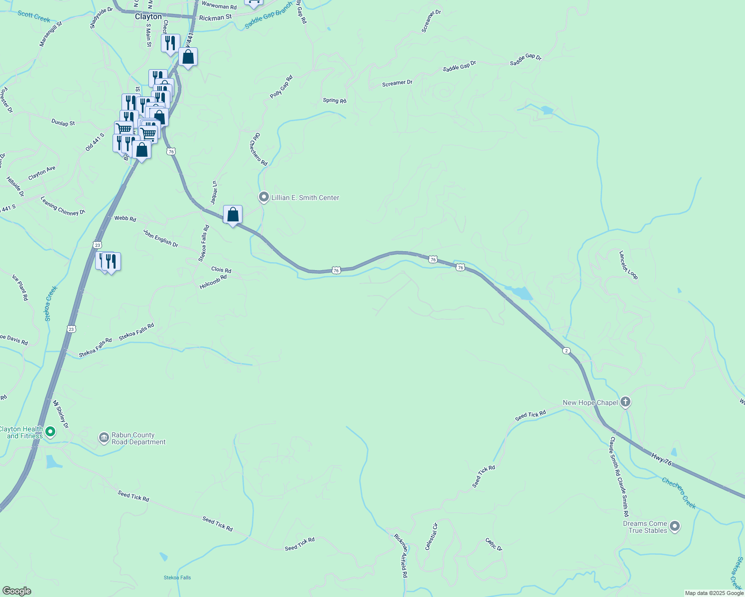 map of restaurants, bars, coffee shops, grocery stores, and more near in Clayton