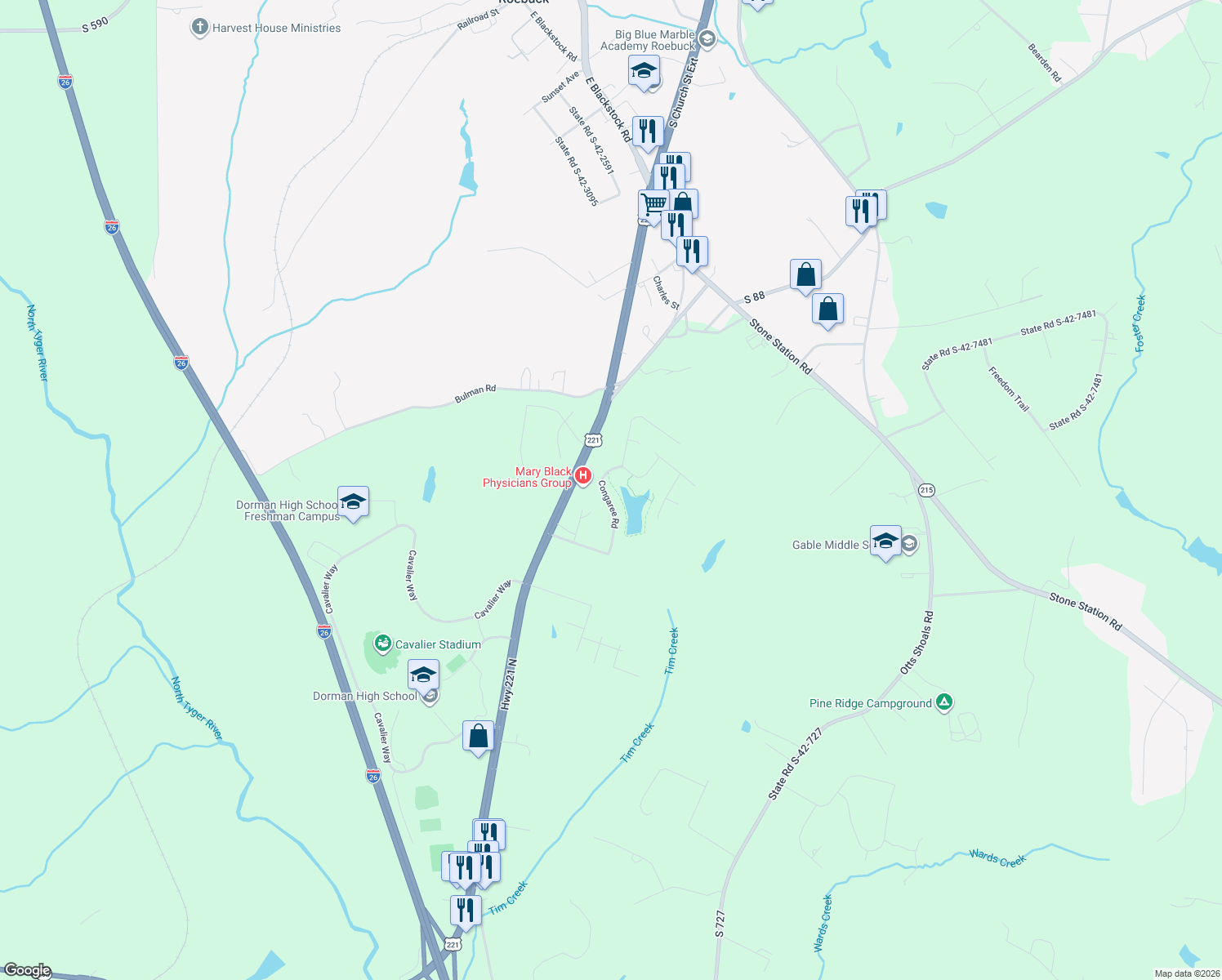 map of restaurants, bars, coffee shops, grocery stores, and more near 356 Congaree Rd in Roebuck