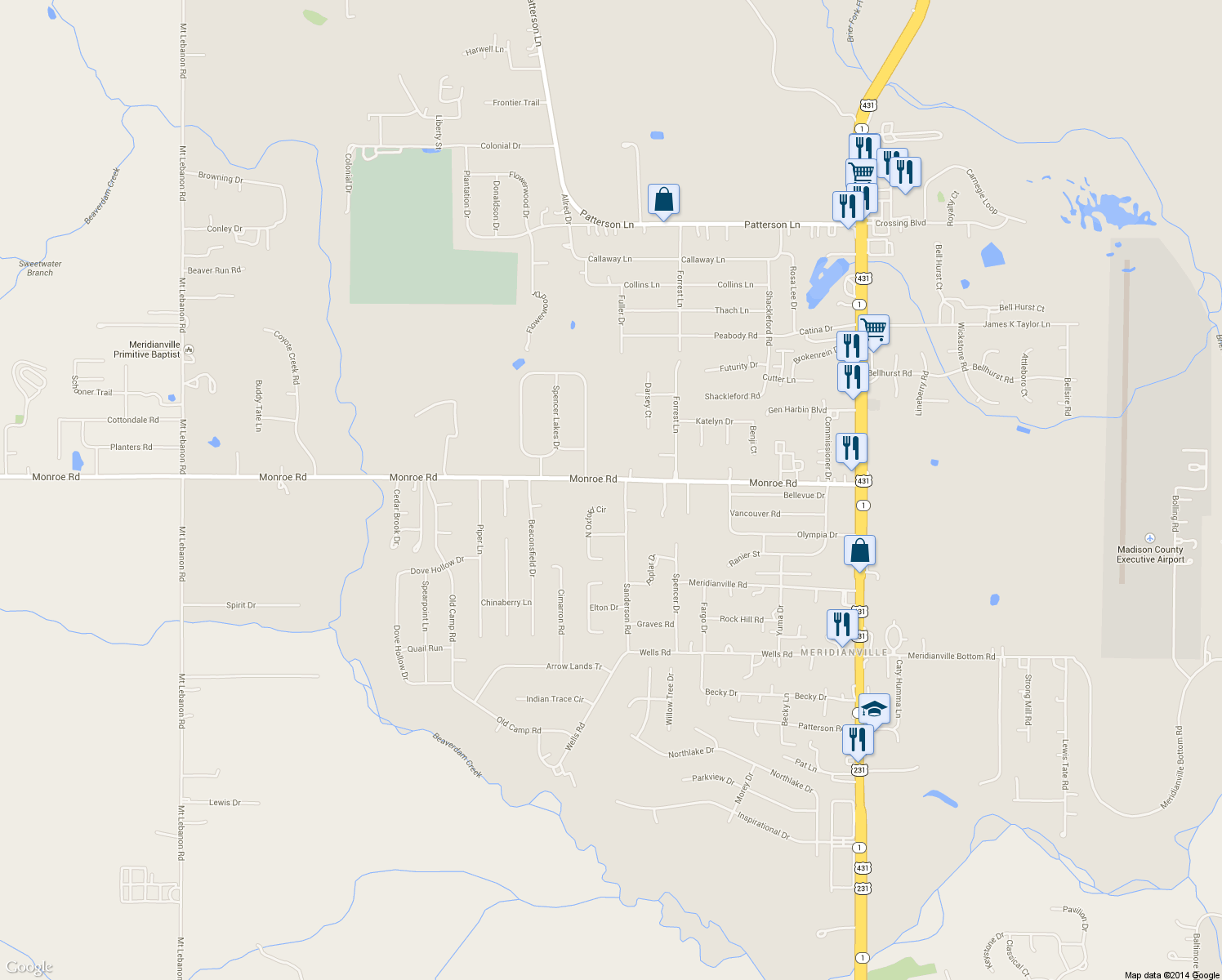 map of restaurants, bars, coffee shops, grocery stores, and more near 412 Monroe Road in Meridianville