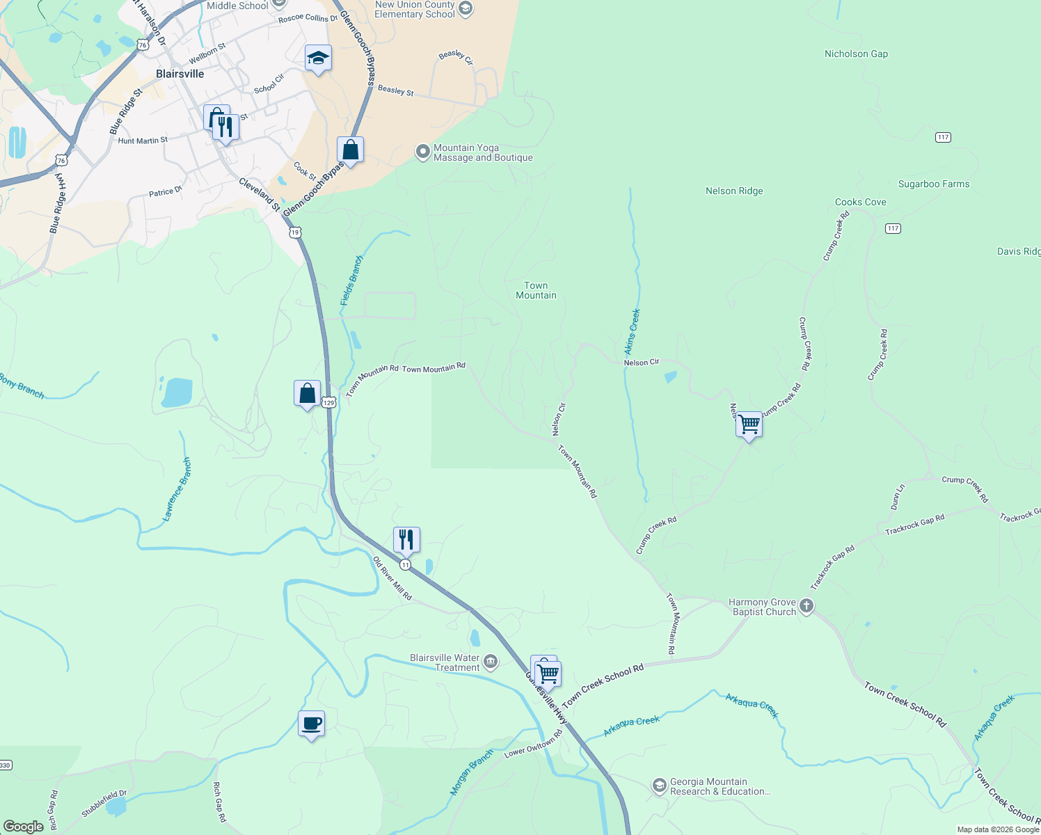 map of restaurants, bars, coffee shops, grocery stores, and more near 224 Eastview Drive in Blairsville