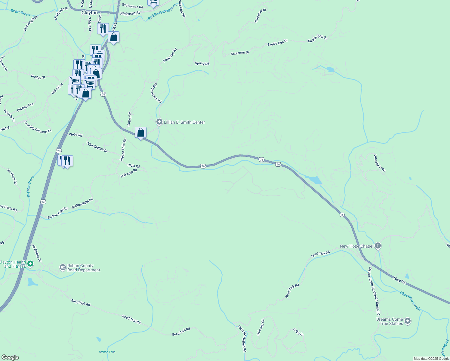 map of restaurants, bars, coffee shops, grocery stores, and more near in Clayton