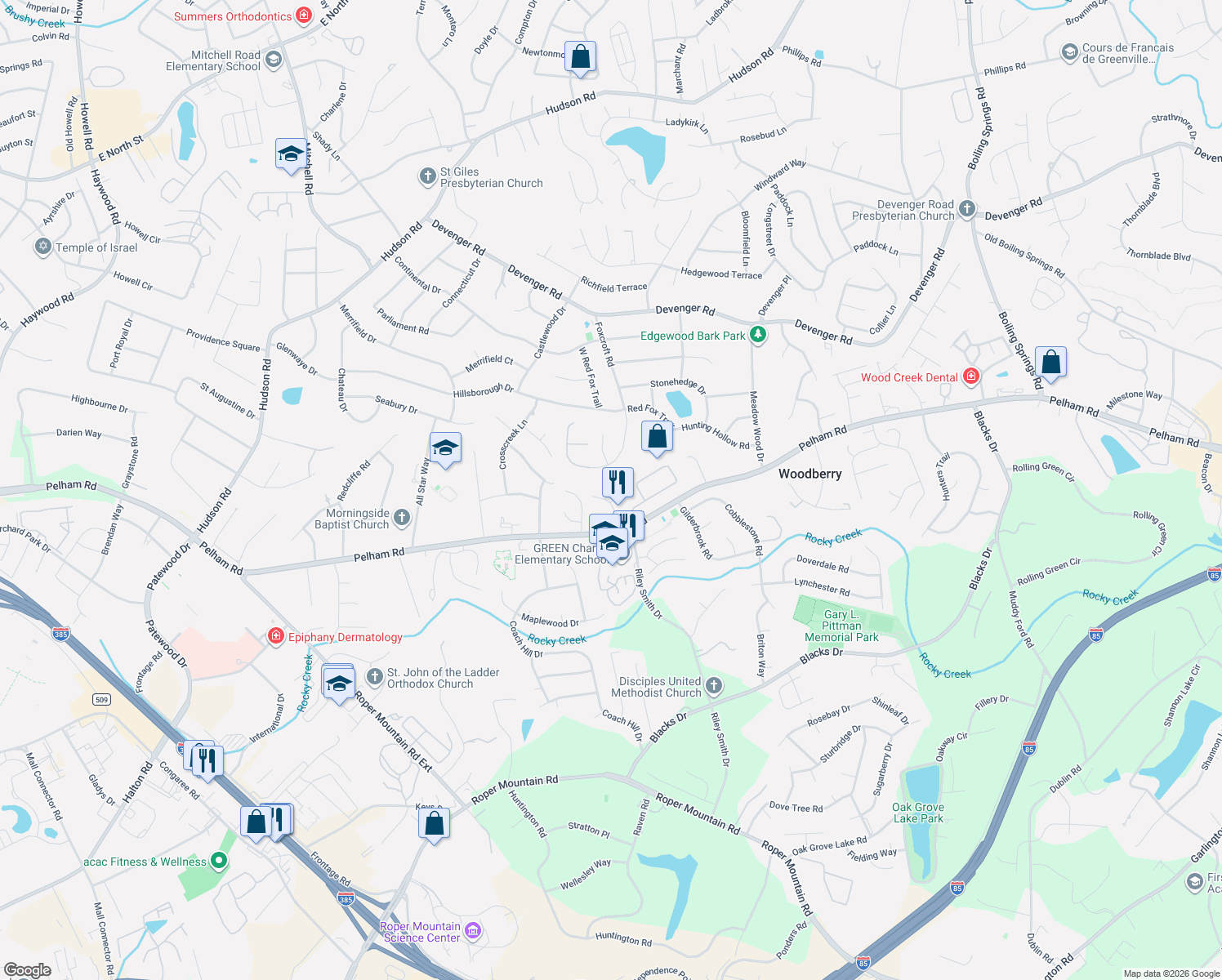 map of restaurants, bars, coffee shops, grocery stores, and more near 3 Caroleton Way in Greenville