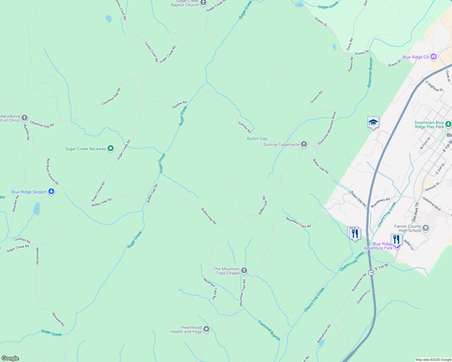 map of restaurants, bars, coffee shops, grocery stores, and more near 40 Foxfire Lane in Blue Ridge