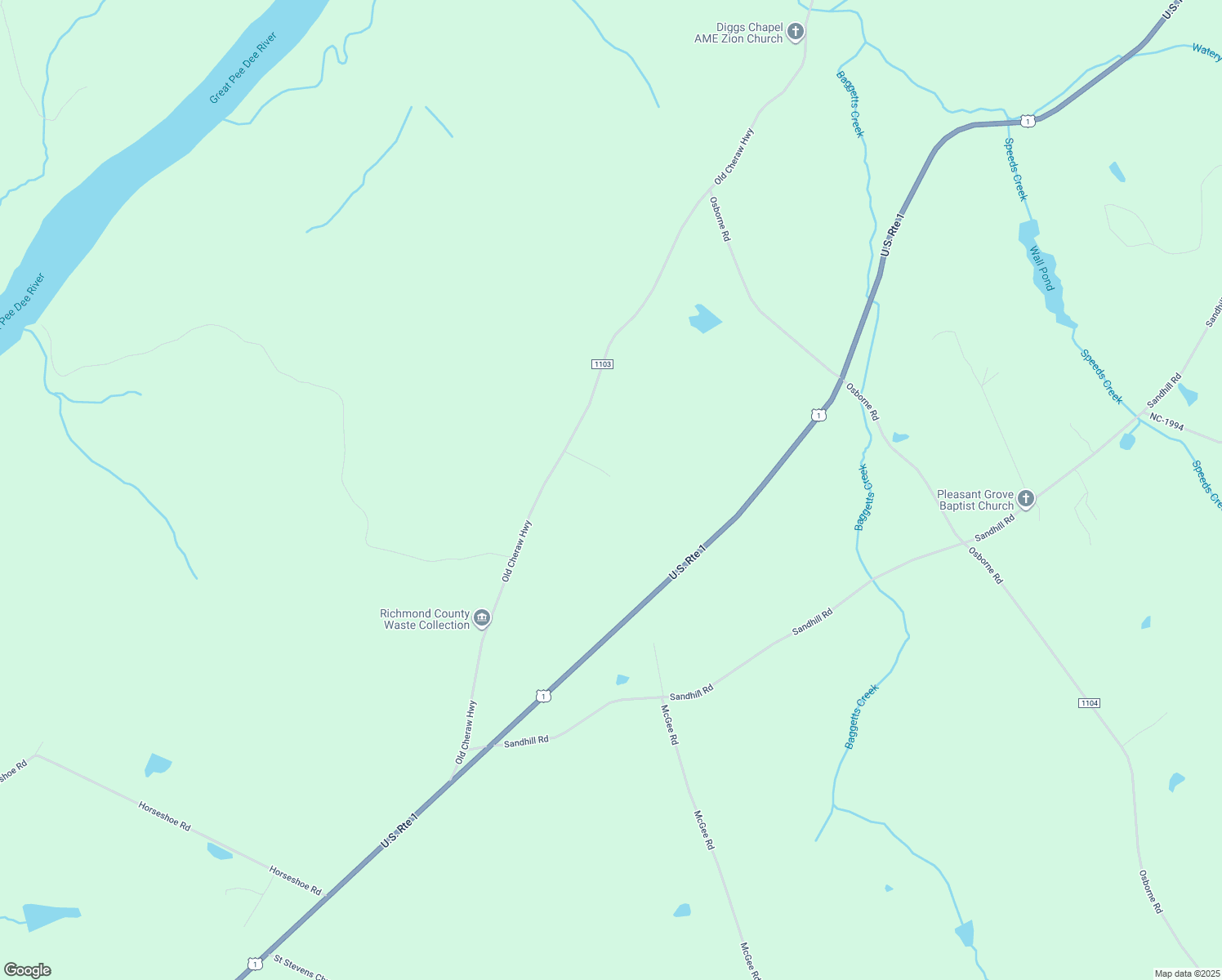 map of restaurants, bars, coffee shops, grocery stores, and more near 1561 Old Cheraw Highway in Rockingham