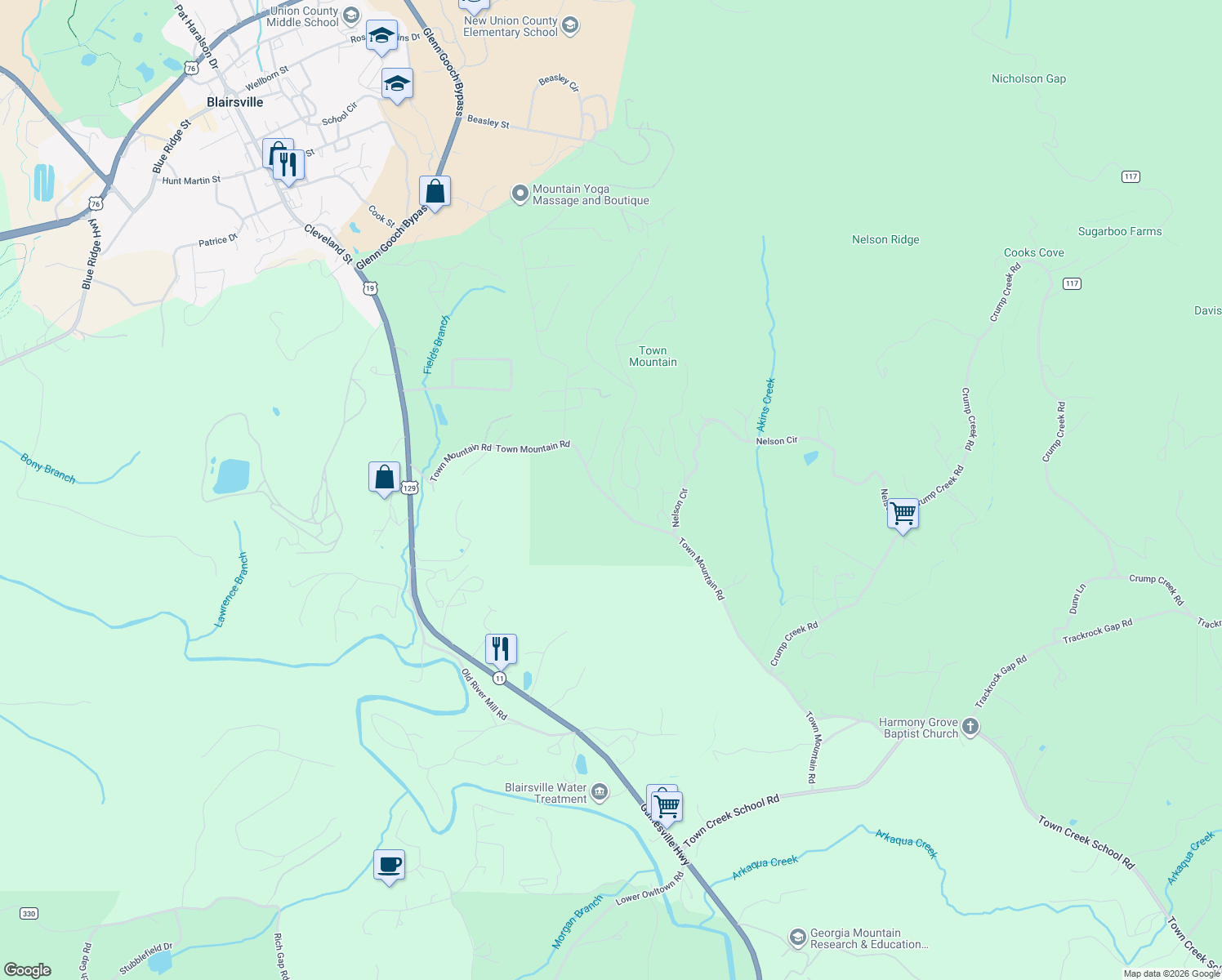 map of restaurants, bars, coffee shops, grocery stores, and more near 224 Eastview Drive in Blairsville