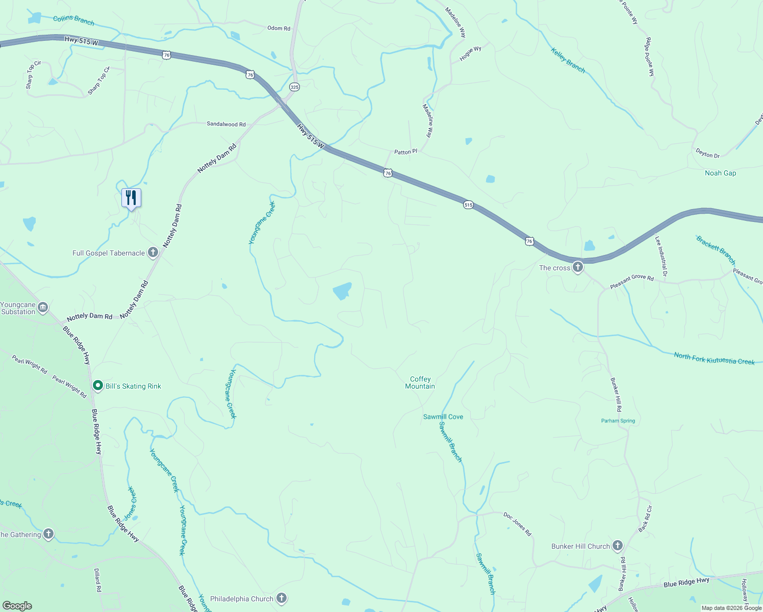map of restaurants, bars, coffee shops, grocery stores, and more near 298 Old Birch Court in Blairsville