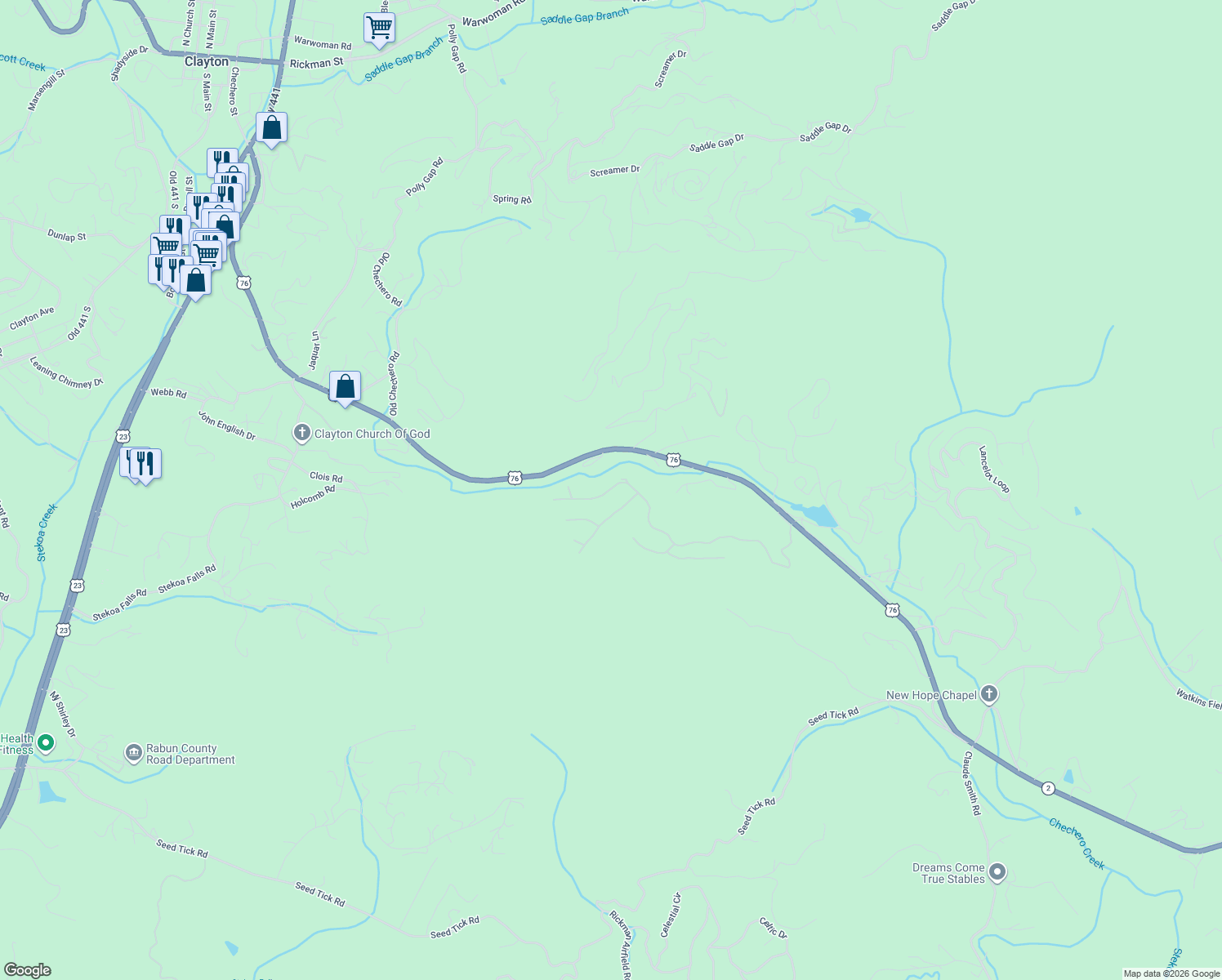 map of restaurants, bars, coffee shops, grocery stores, and more near State Highway 2 in Clayton