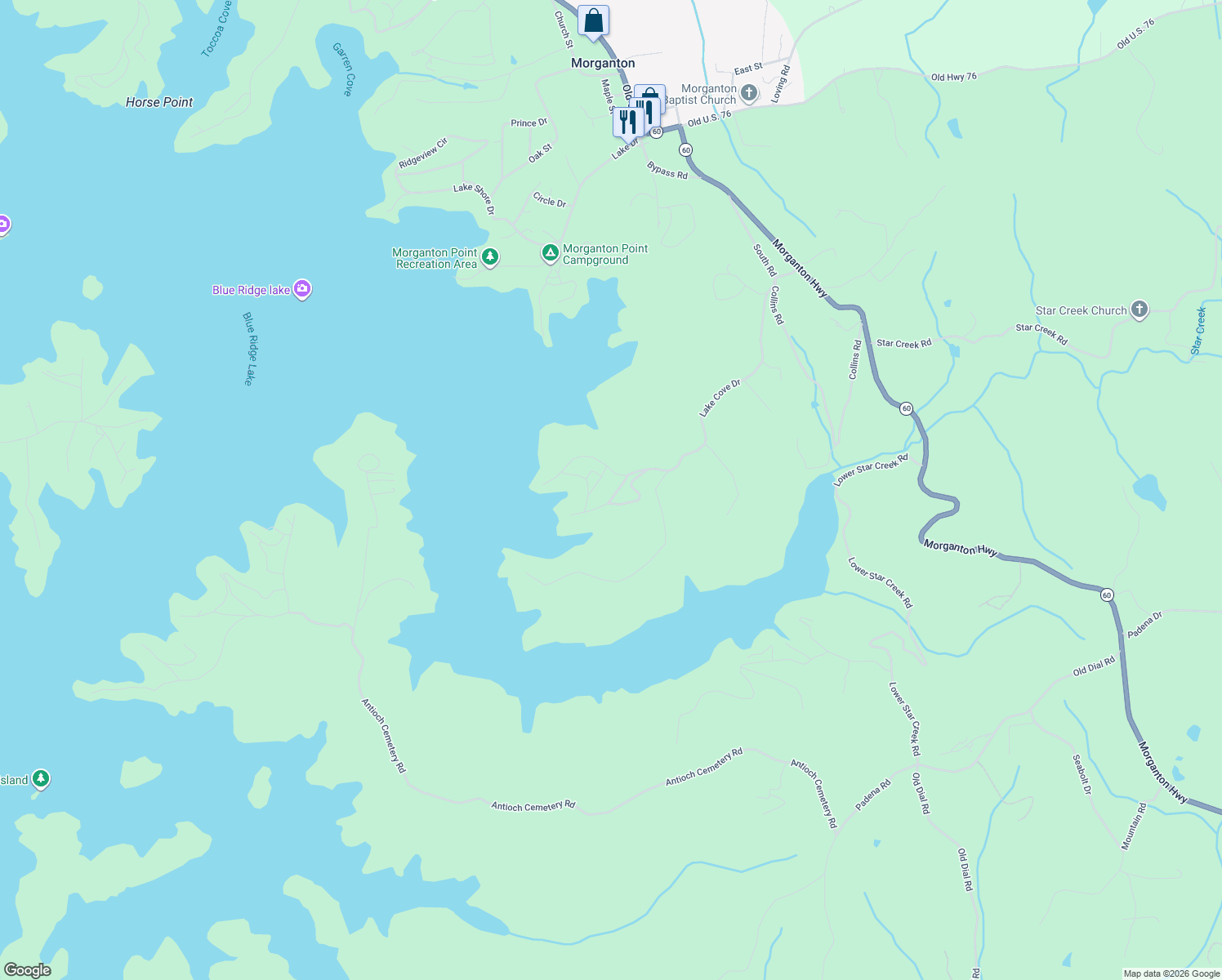 map of restaurants, bars, coffee shops, grocery stores, and more near 311 Lake Cove Circle in Morganton