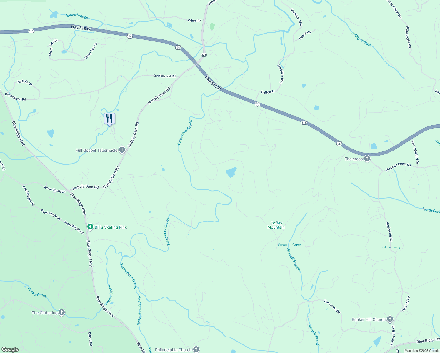 map of restaurants, bars, coffee shops, grocery stores, and more near 93 Chimney Stone Road in Blairsville
