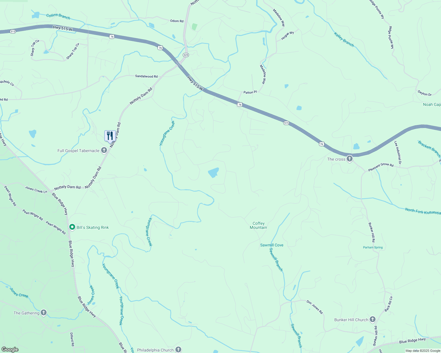 map of restaurants, bars, coffee shops, grocery stores, and more near 1136 Byers Road in Blairsville
