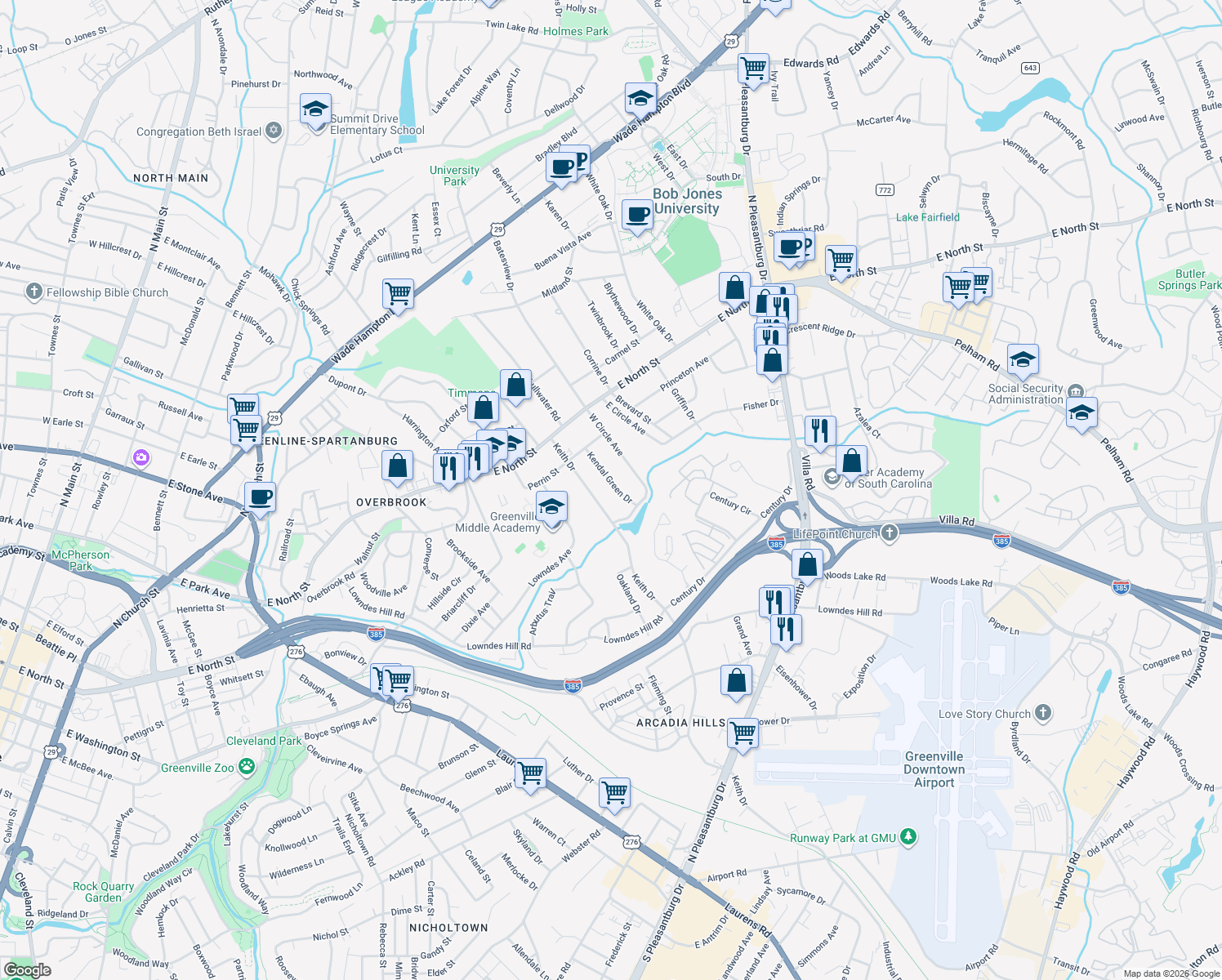map of restaurants, bars, coffee shops, grocery stores, and more near 28 Kendal Green Drive in Greenville