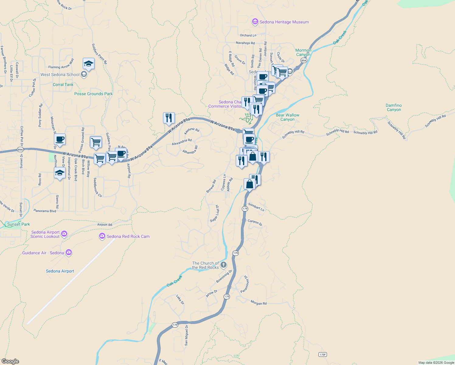 map of restaurants, bars, coffee shops, grocery stores, and more near 45 Abbott Rd in Sedona