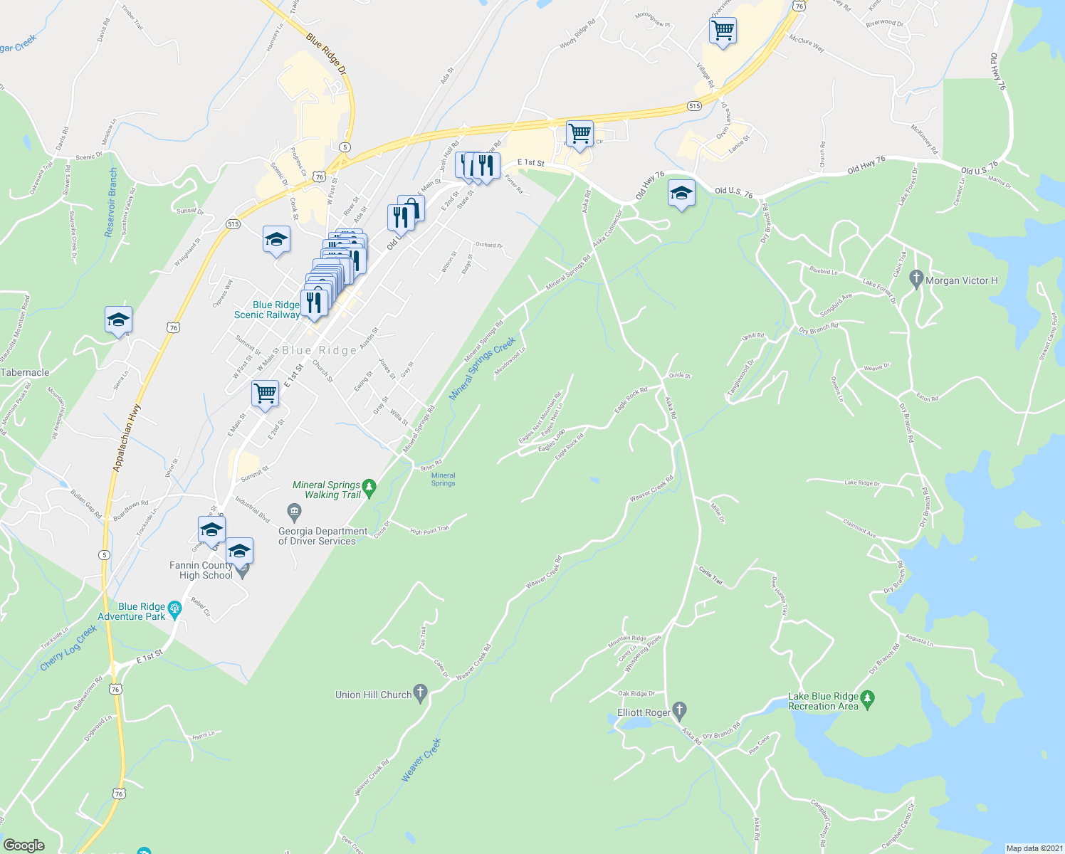 map of restaurants, bars, coffee shops, grocery stores, and more near 299 Eagles Nest Mountain Road in Blue Ridge