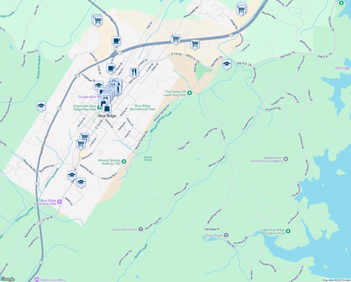 map of restaurants, bars, coffee shops, grocery stores, and more near 299 Eagles Nest Mountain Road in Blue Ridge