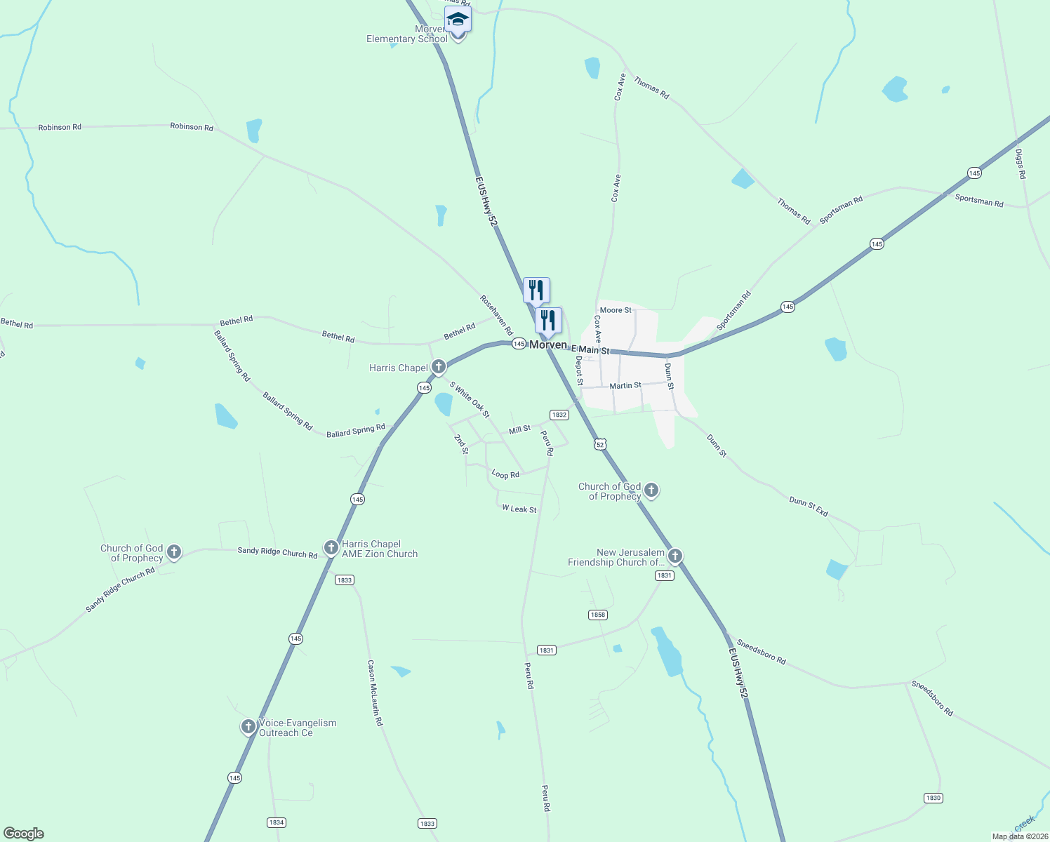 map of restaurants, bars, coffee shops, grocery stores, and more near 220 Mill Street in Morven