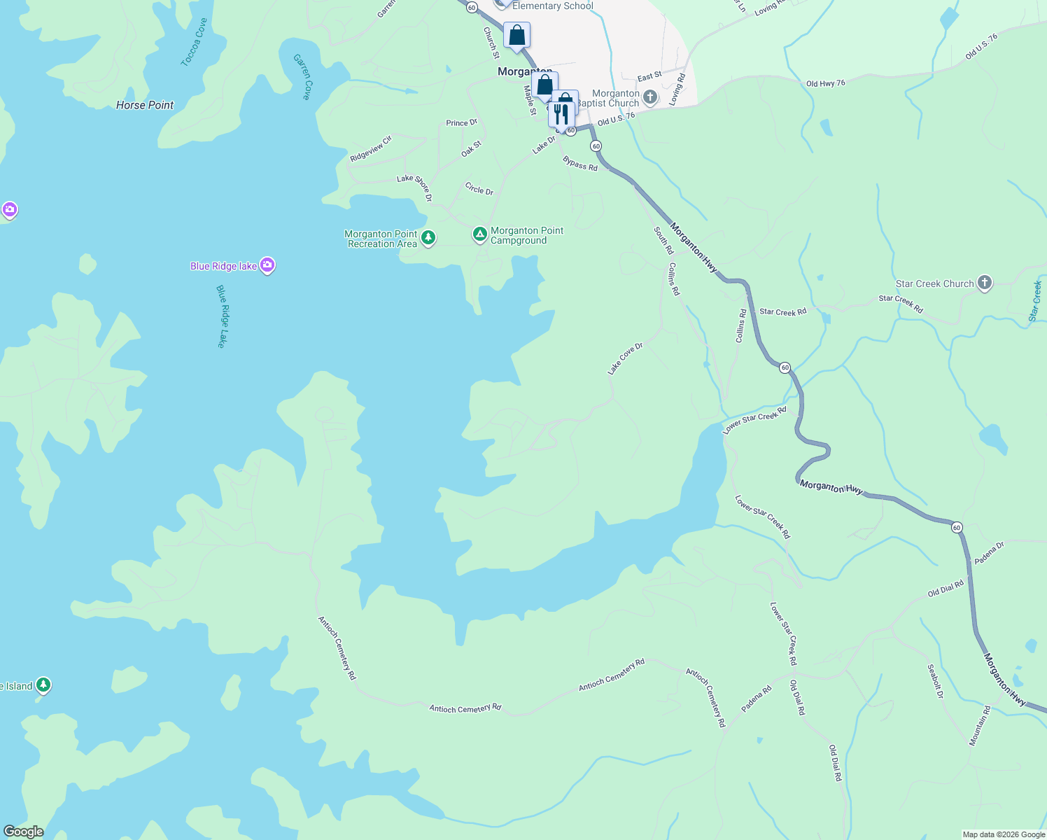map of restaurants, bars, coffee shops, grocery stores, and more near 311 Lake Cove Circle in Morganton