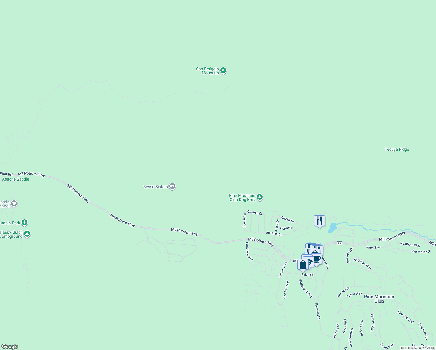 map of restaurants, bars, coffee shops, grocery stores, and more near in Pine Mountain Club