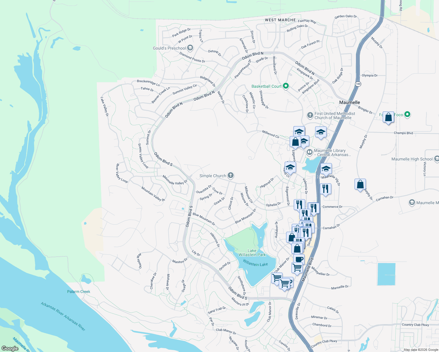 map of restaurants, bars, coffee shops, grocery stores, and more near 29 Ouachita Drive in Maumelle