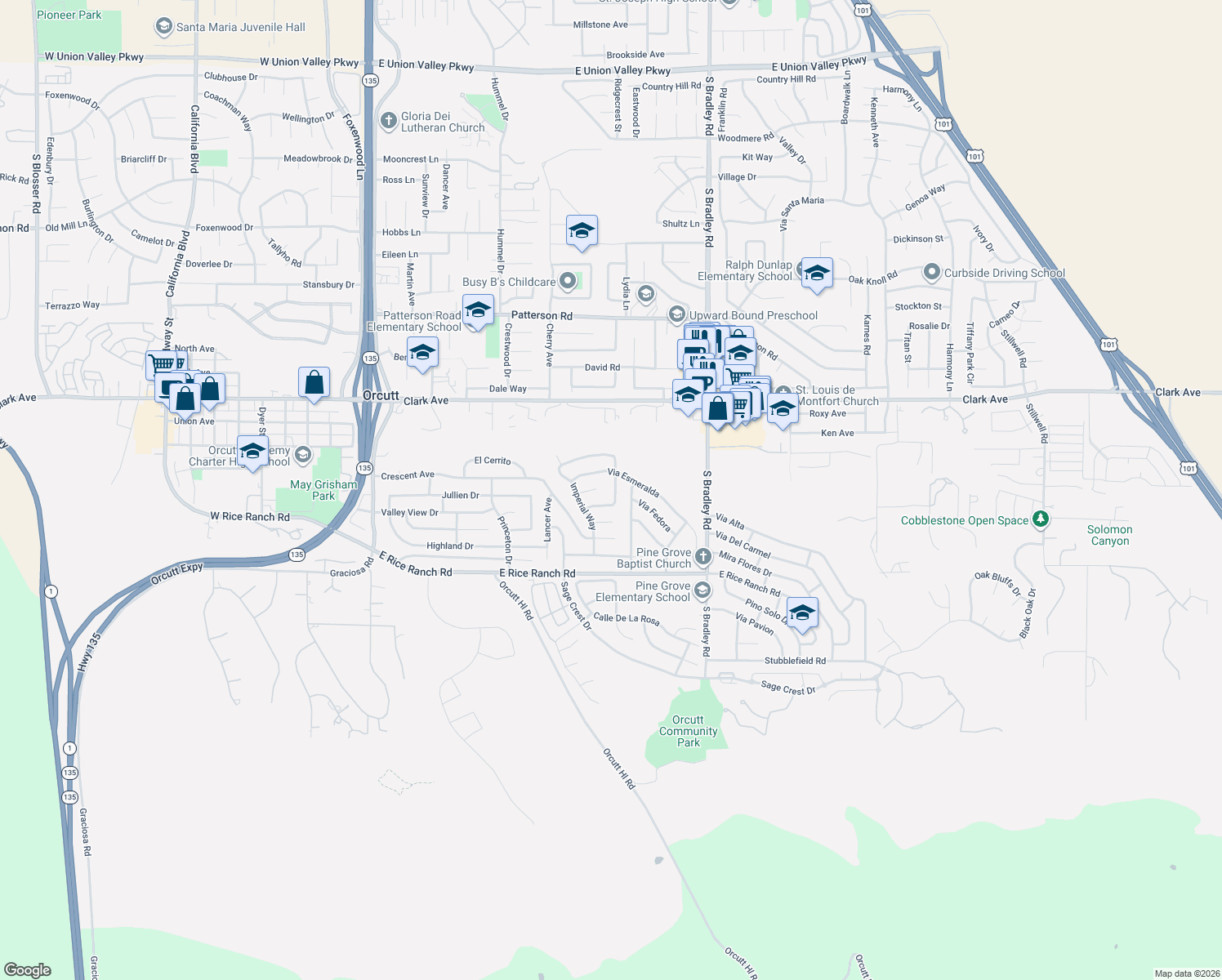 map of restaurants, bars, coffee shops, grocery stores, and more near 5435 Del Norte Way in Santa Maria
