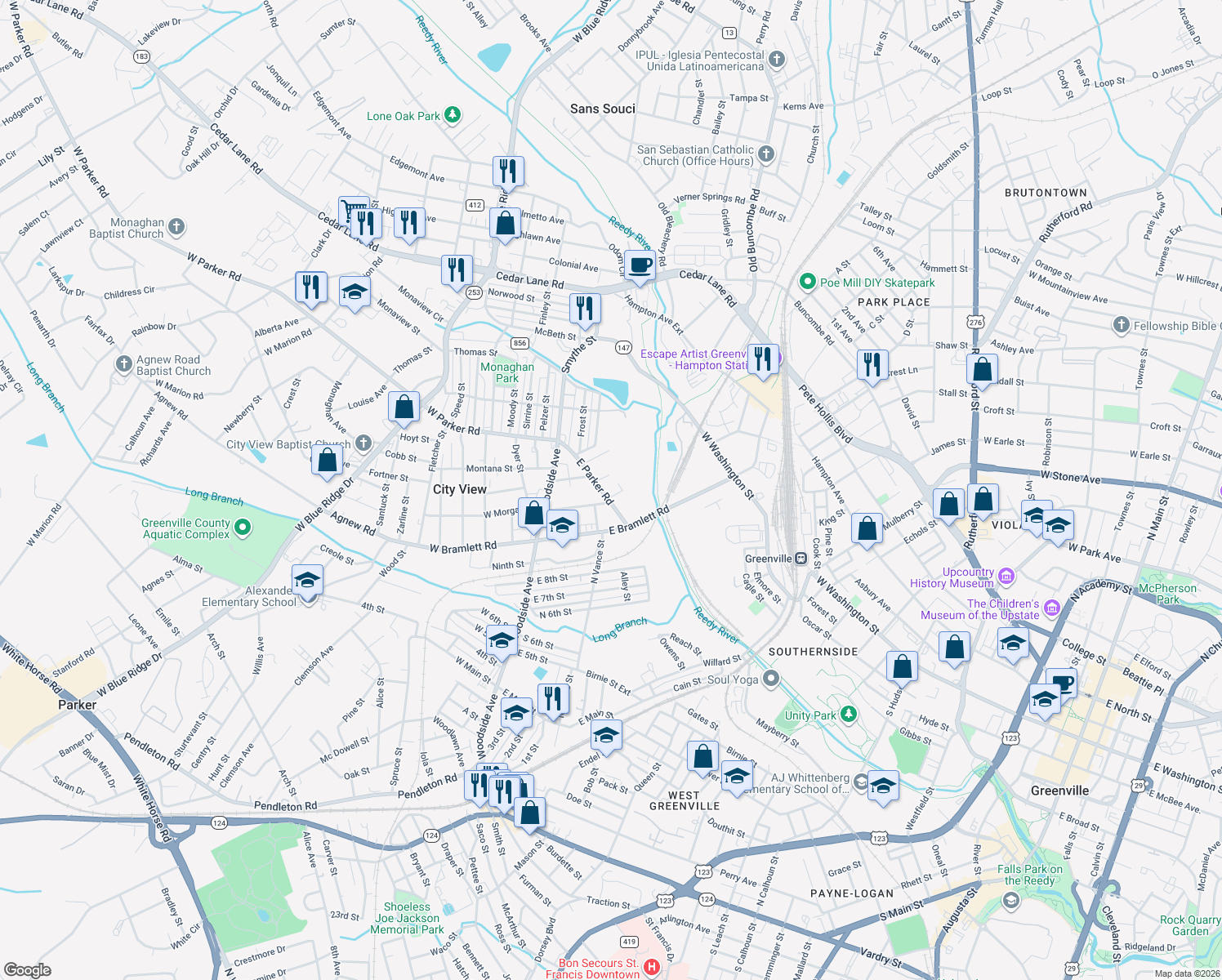 map of restaurants, bars, coffee shops, grocery stores, and more near 102 East Parker Road in Greenville