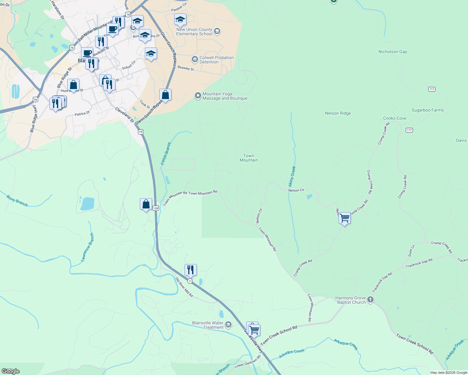 map of restaurants, bars, coffee shops, grocery stores, and more near 171 Mountain Top Road in Blairsville