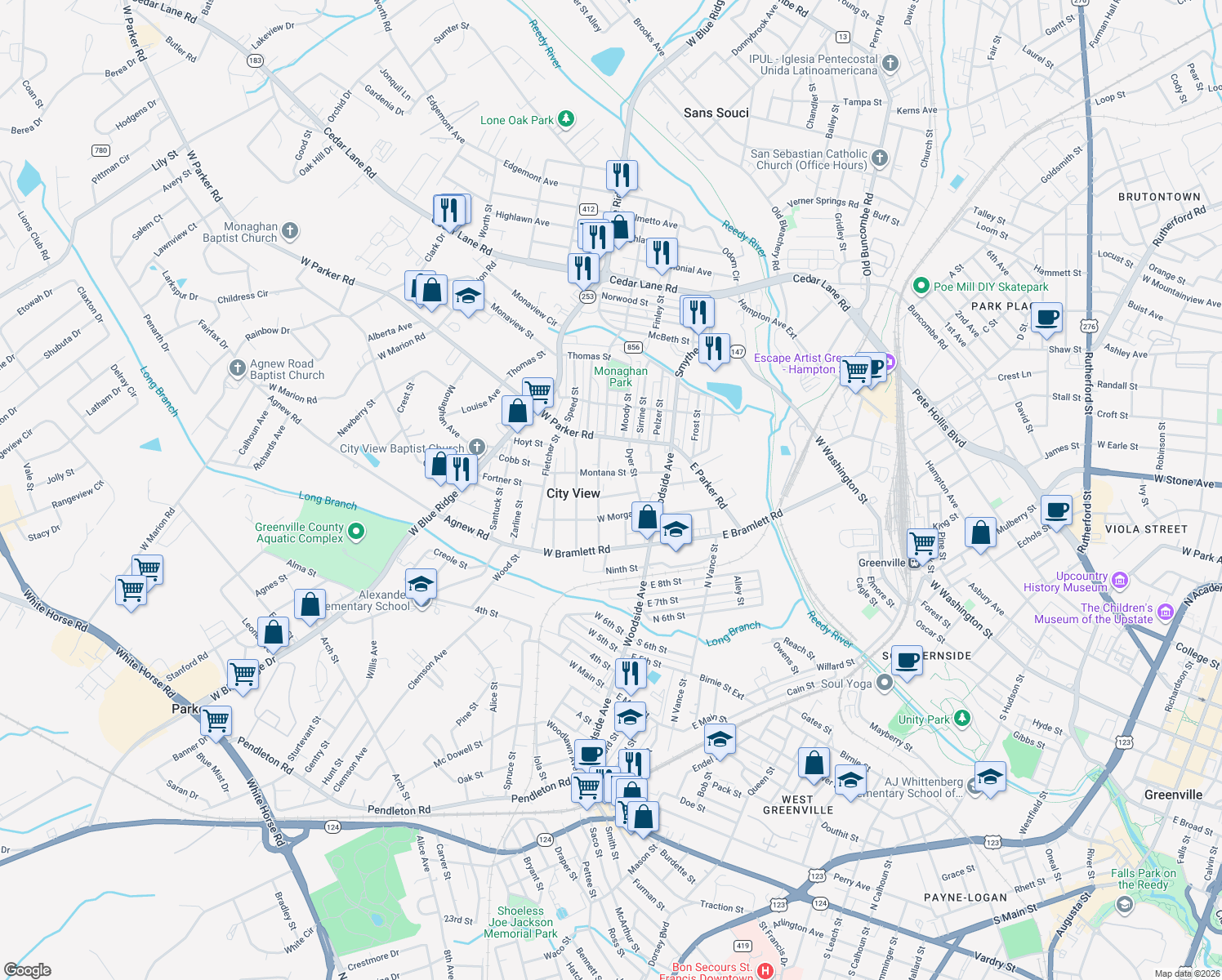 map of restaurants, bars, coffee shops, grocery stores, and more near 12 Bragg Street in Greenville