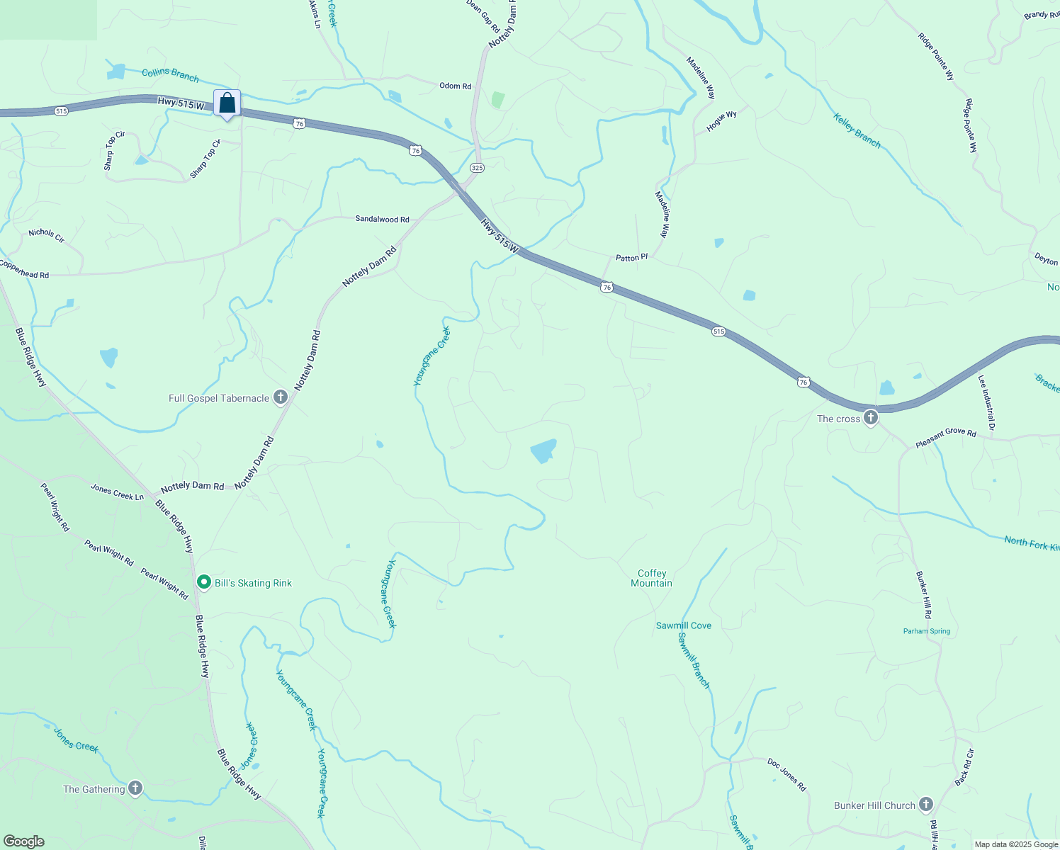 map of restaurants, bars, coffee shops, grocery stores, and more near 1136 Byers Road in Blairsville