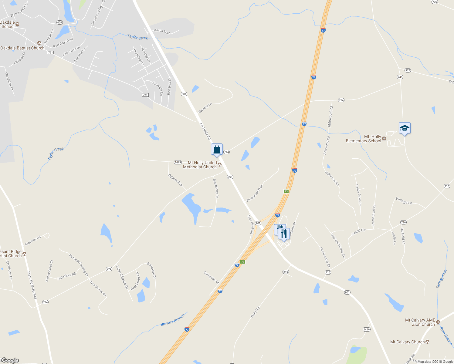 map of restaurants, bars, coffee shops, grocery stores, and more near 2144 Mount Holly Road in Rock Hill