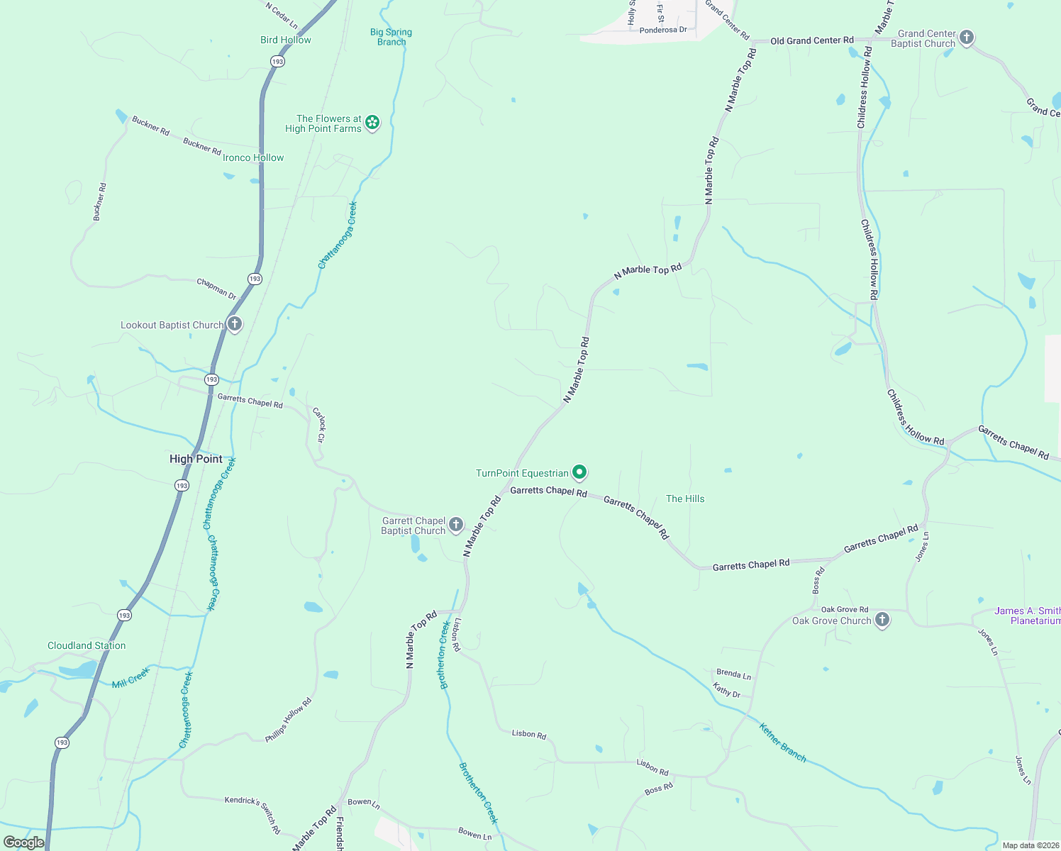 map of restaurants, bars, coffee shops, grocery stores, and more near 3174 North Marble Top Road in Chickamauga