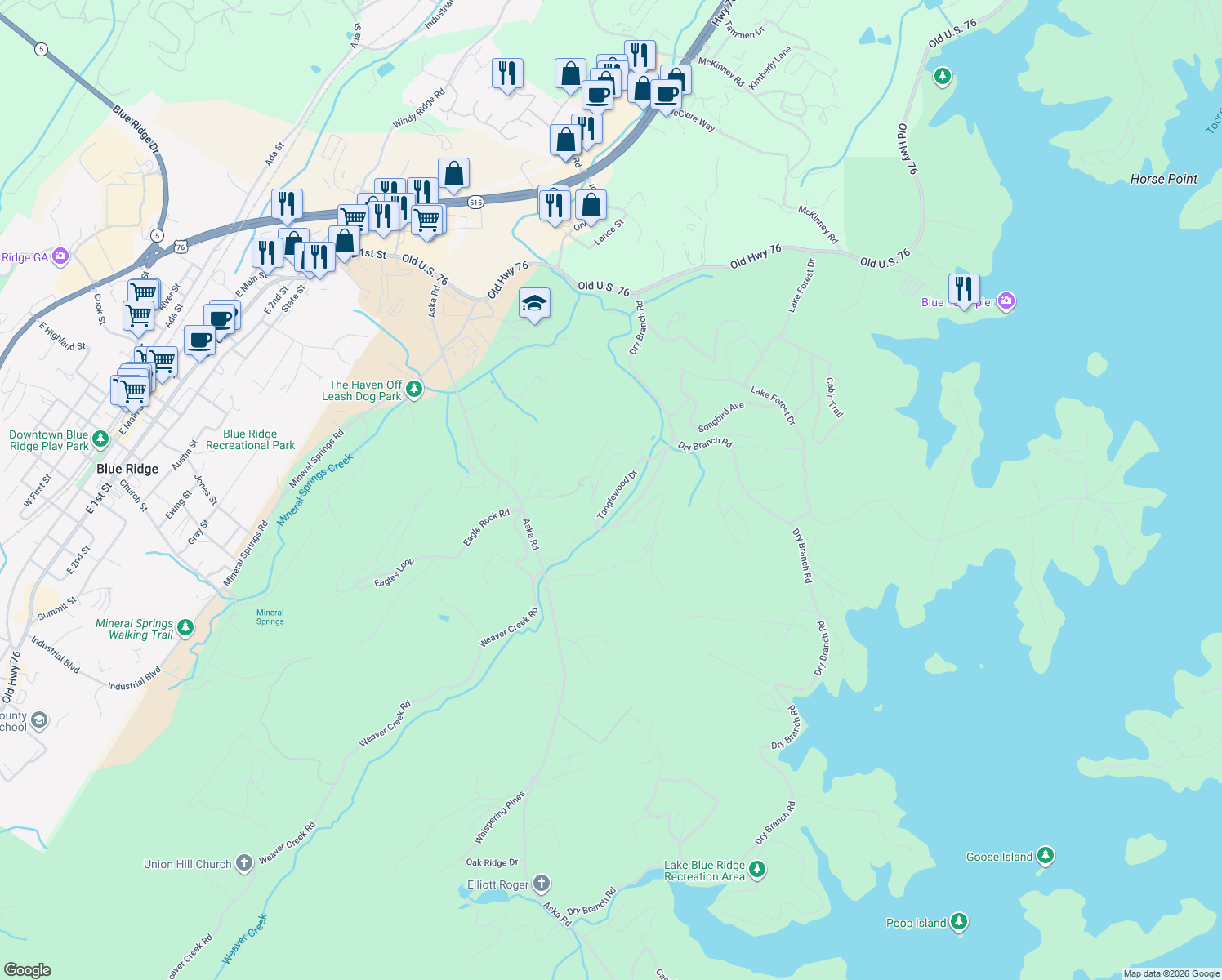 map of restaurants, bars, coffee shops, grocery stores, and more near 230 Tanglewood Dr in Blue Ridge