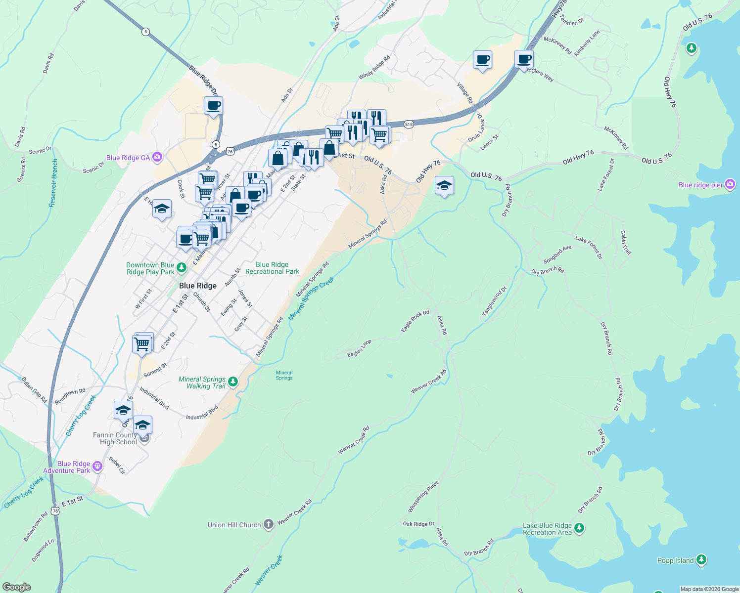 map of restaurants, bars, coffee shops, grocery stores, and more near 225 Eagles Nest Lane in Blue Ridge