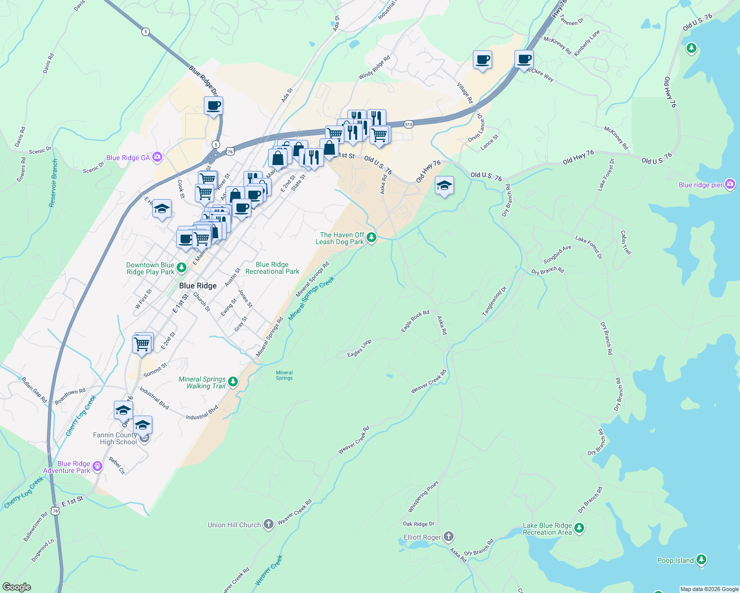 map of restaurants, bars, coffee shops, grocery stores, and more near 225 Eagles Nest Lane in Blue Ridge