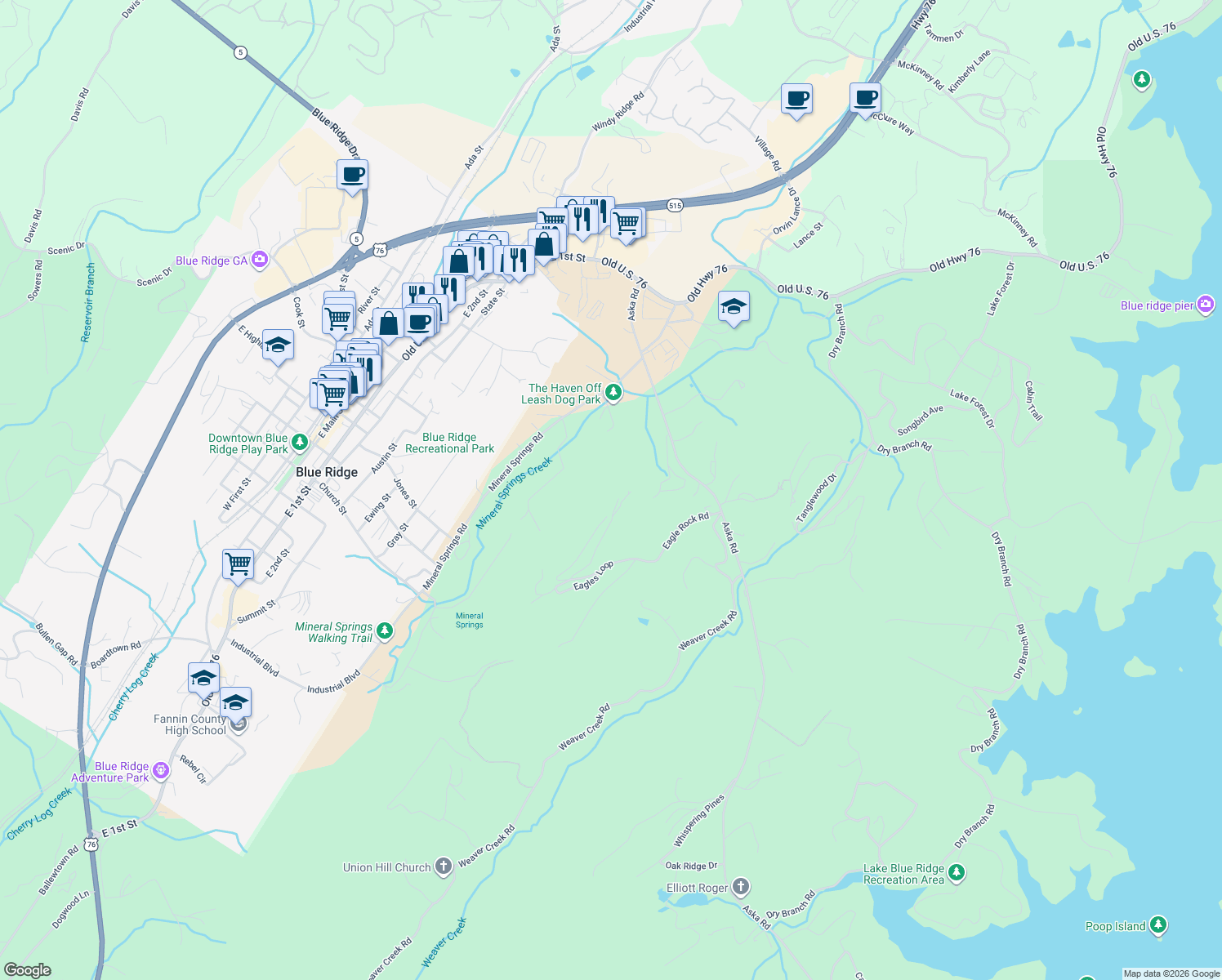 map of restaurants, bars, coffee shops, grocery stores, and more near 225 Eagles Nest Lane in Blue Ridge